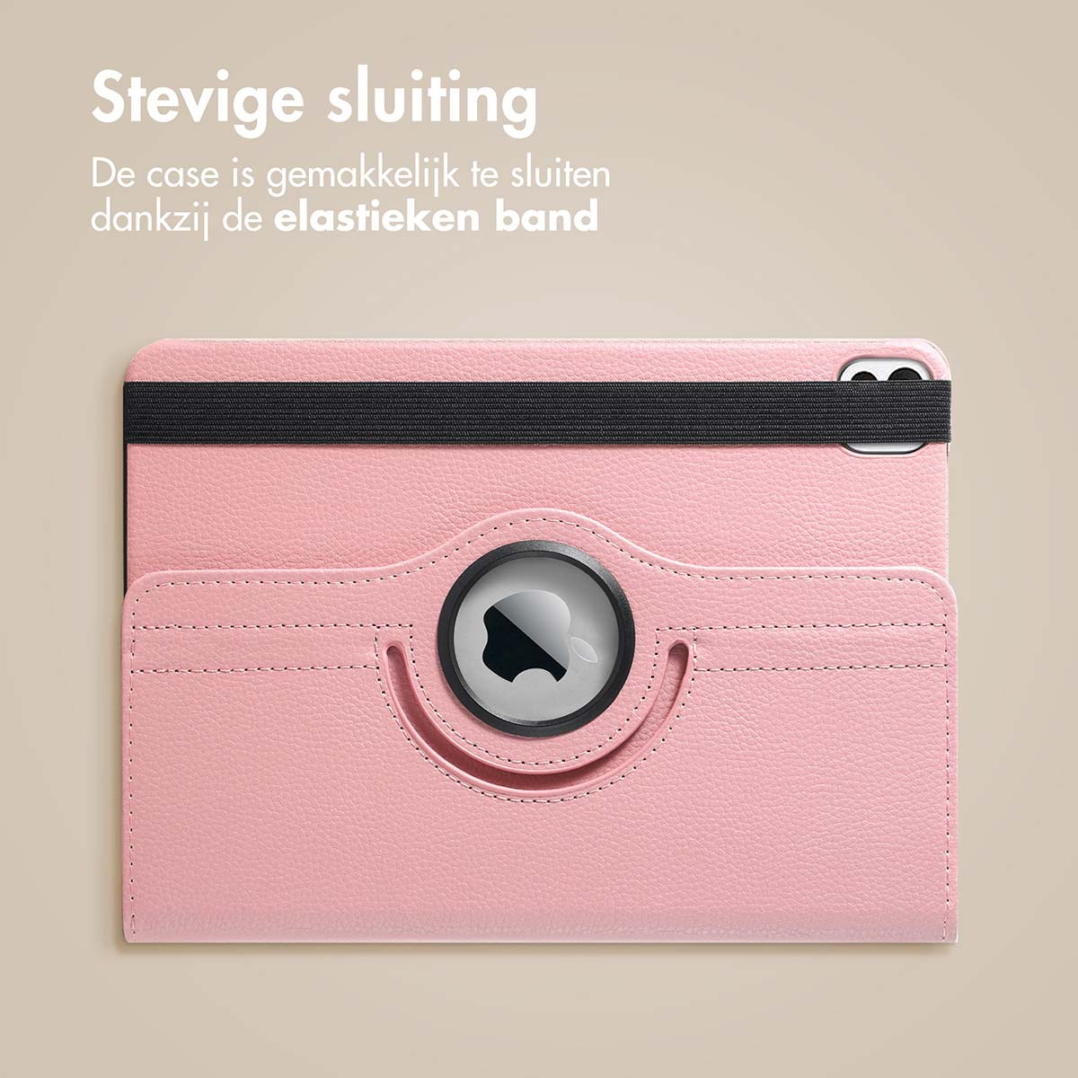 Roze tablethoes met zwarte band.