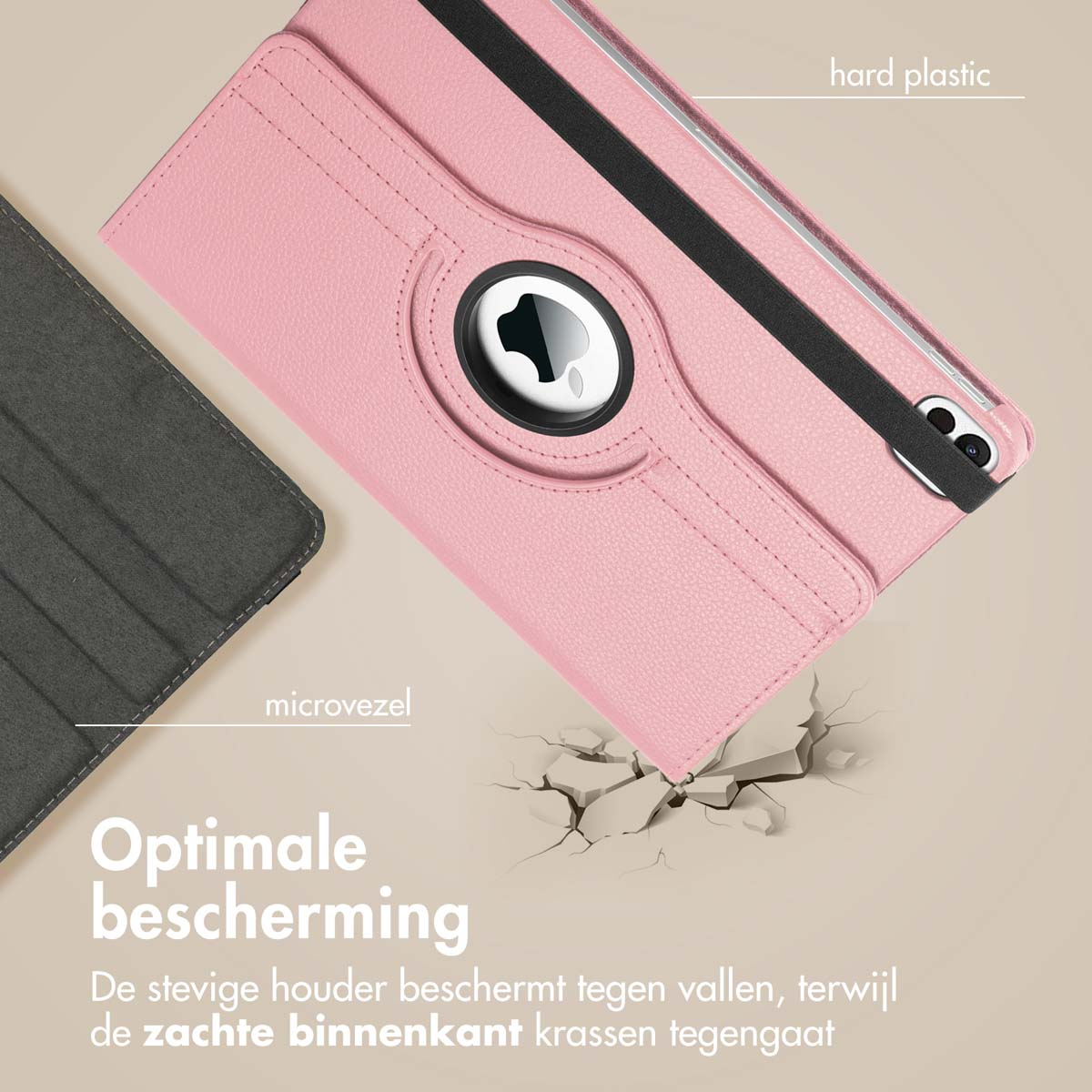 Roze tablethoes met een logo in het midden. Het heeft hard plastic en een microvezel deel, met tekst onderaan.