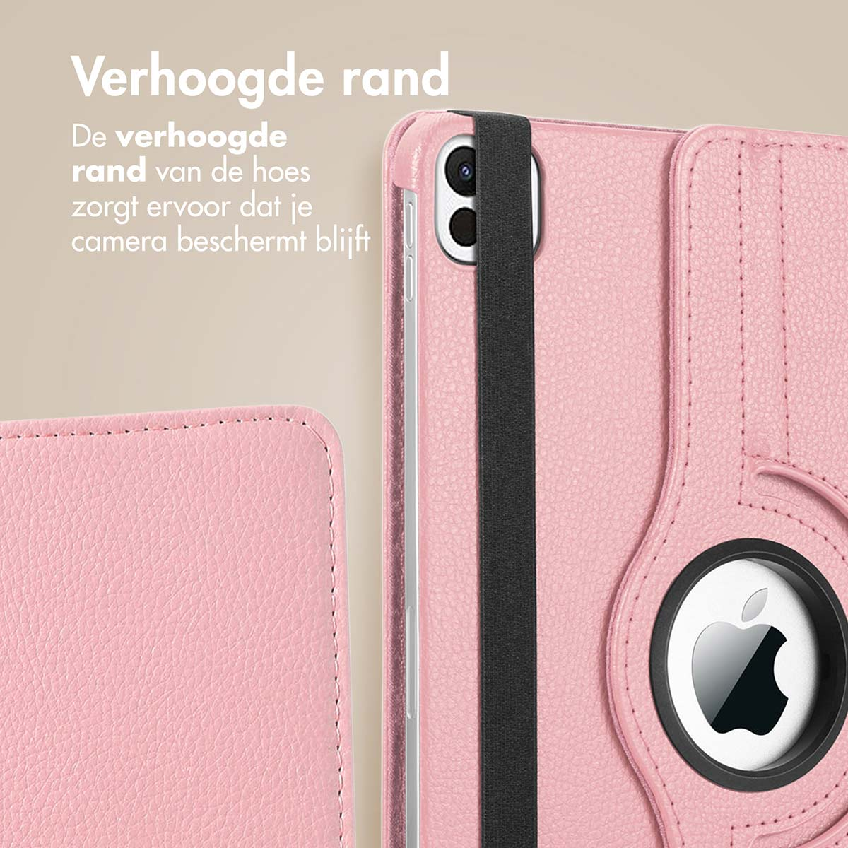 Close-up van een roze tablethoes. Cameragat en zwarte band zichtbaar.
