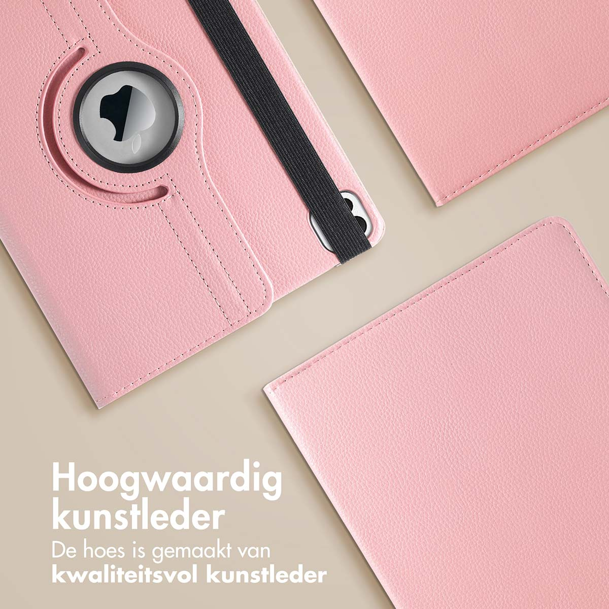 Close-up van roze tablethoes met tekst: Hoogwaardig kunstleer.
