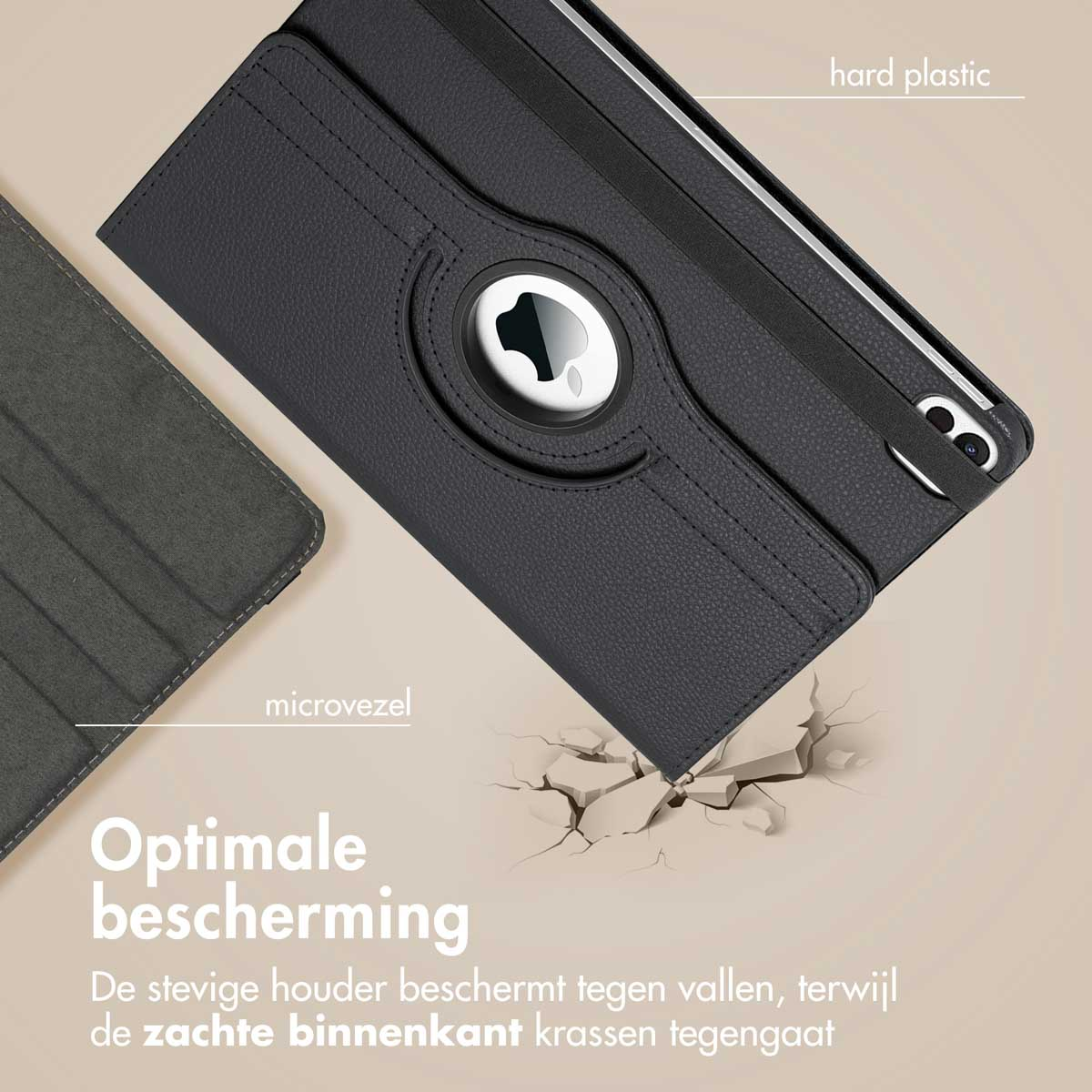 Black tablet case with a cracked surface. Text labels 'hard plastic' and 'microfiber'.