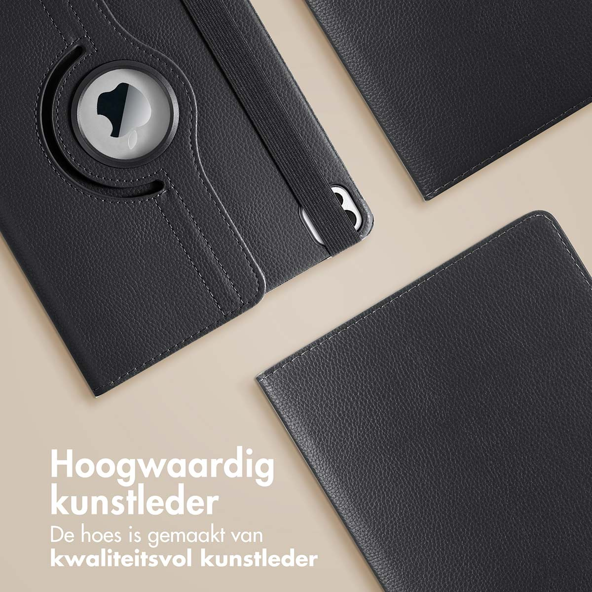 Zwarte leren tablethoes, met tekst in het Nederlands. Toont een tablethoes met een Apple-logo.