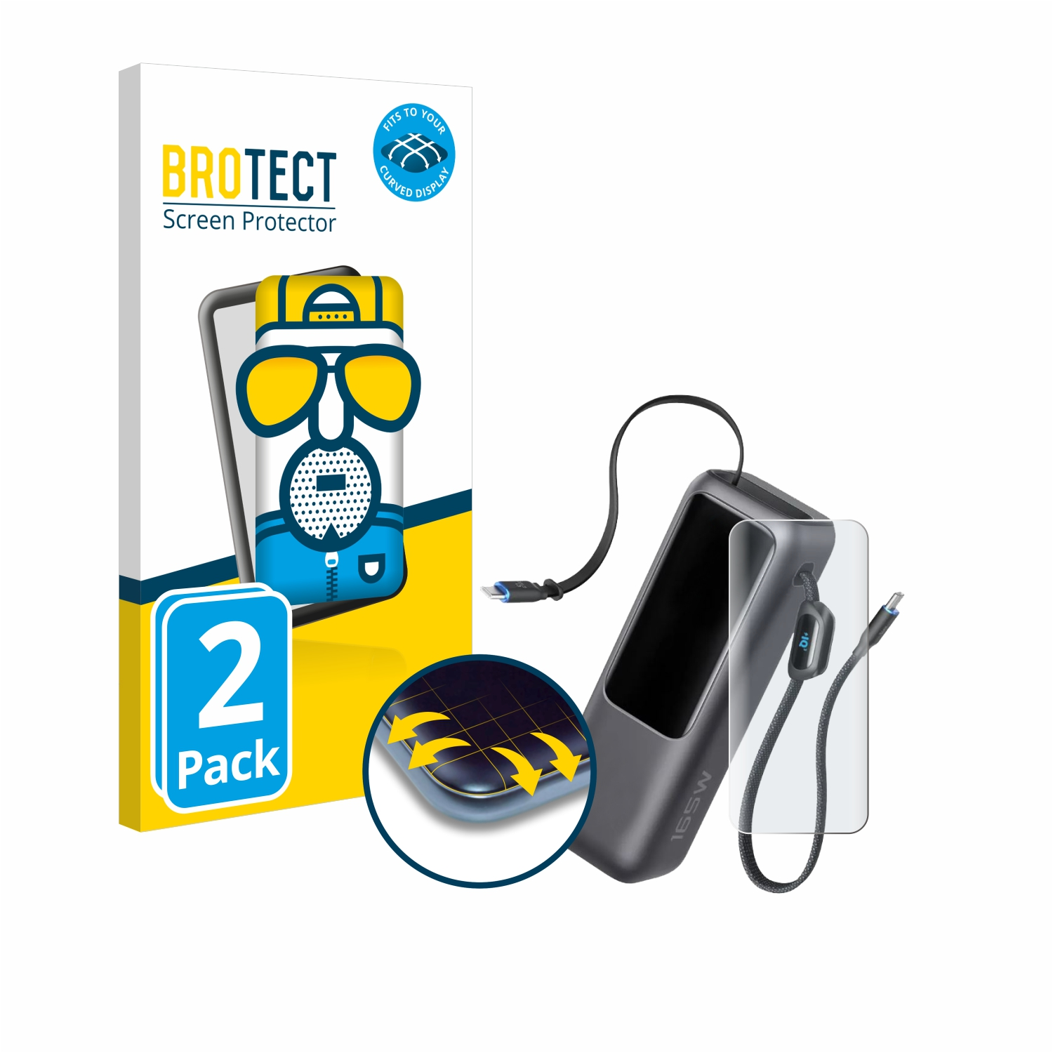 Ein Displayschutz und eine Powerbank mit Kabel vor weißem Hintergrund.