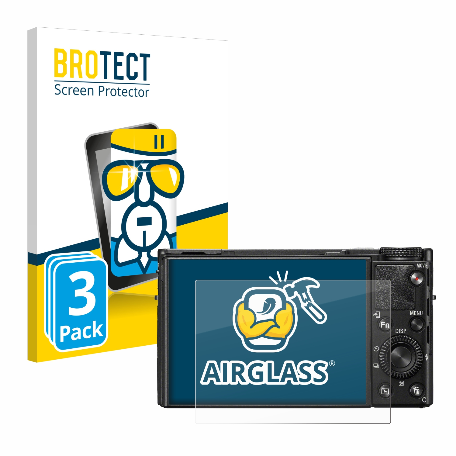 Kamera mit Displayschutzfolie und Box. Schutzfolie sagt 'AIRGLASS'. Weißer Hintergrund.