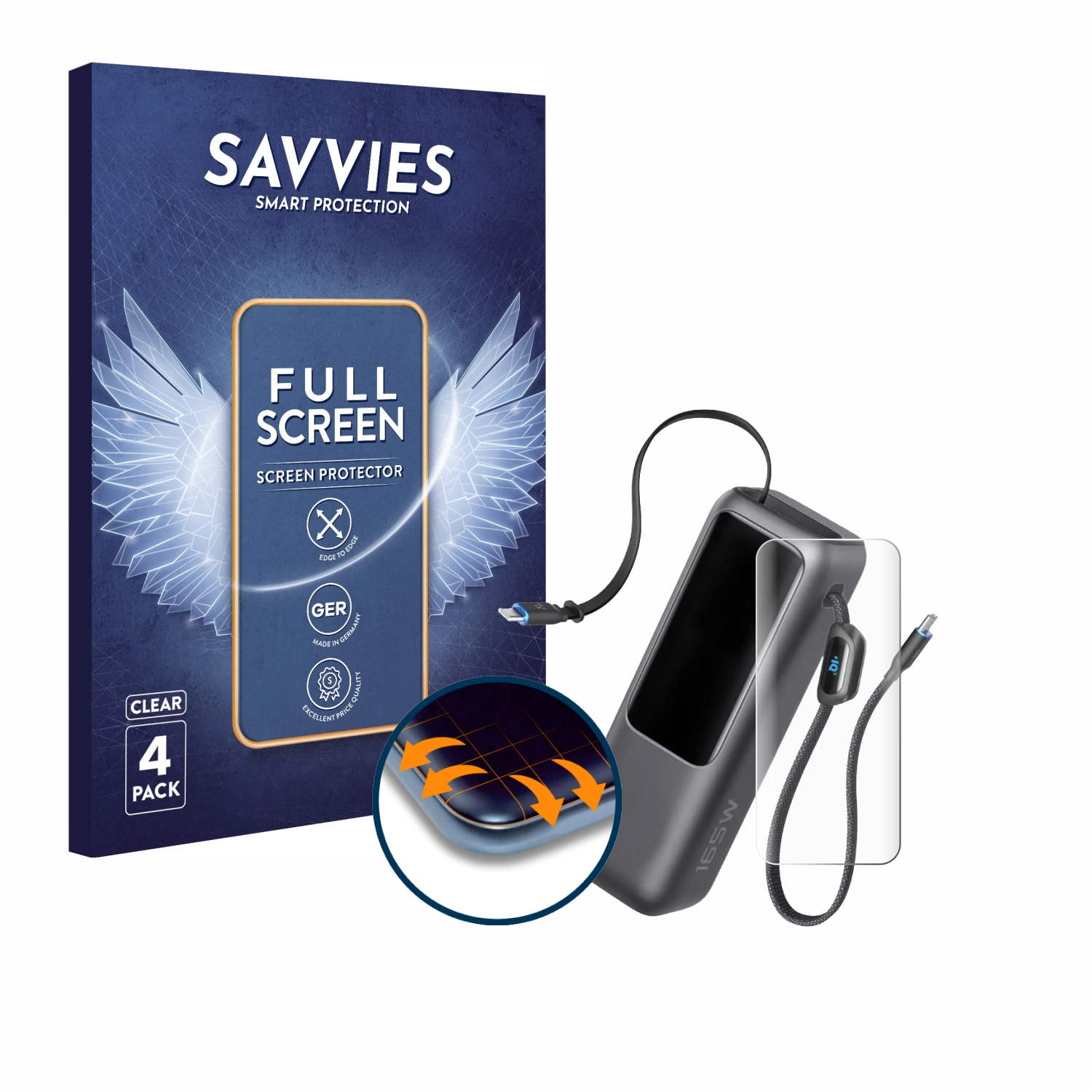 Telefon und Displayschutzfolienbox mit Powerbank und Kabel vor weißem Hintergrund.