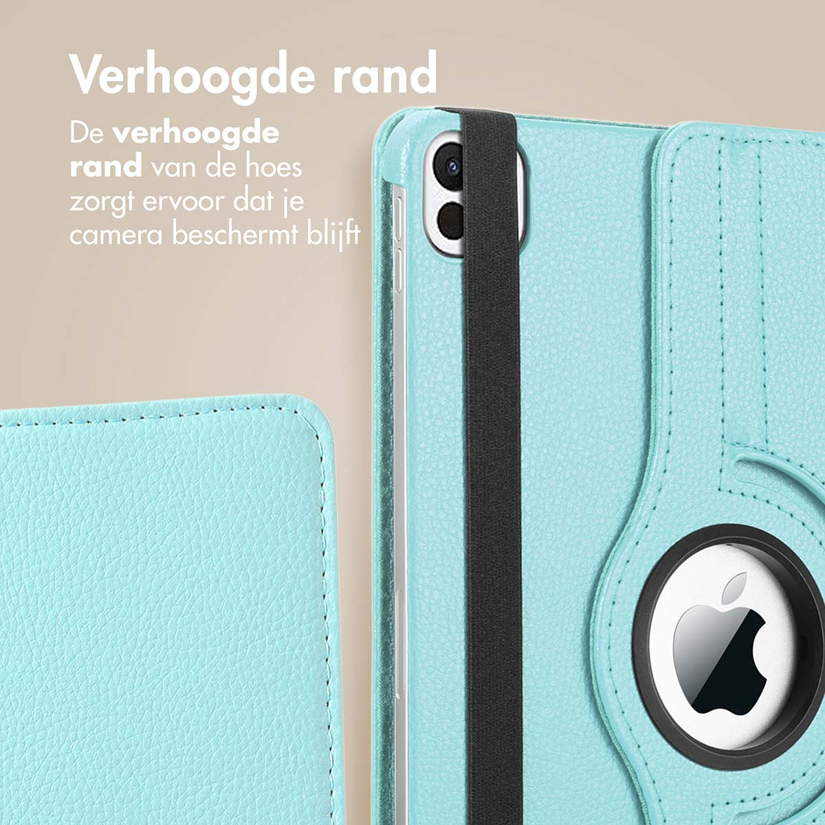 A teal tablet case with a black strap. The text 'Verhoogde rand' is visible.