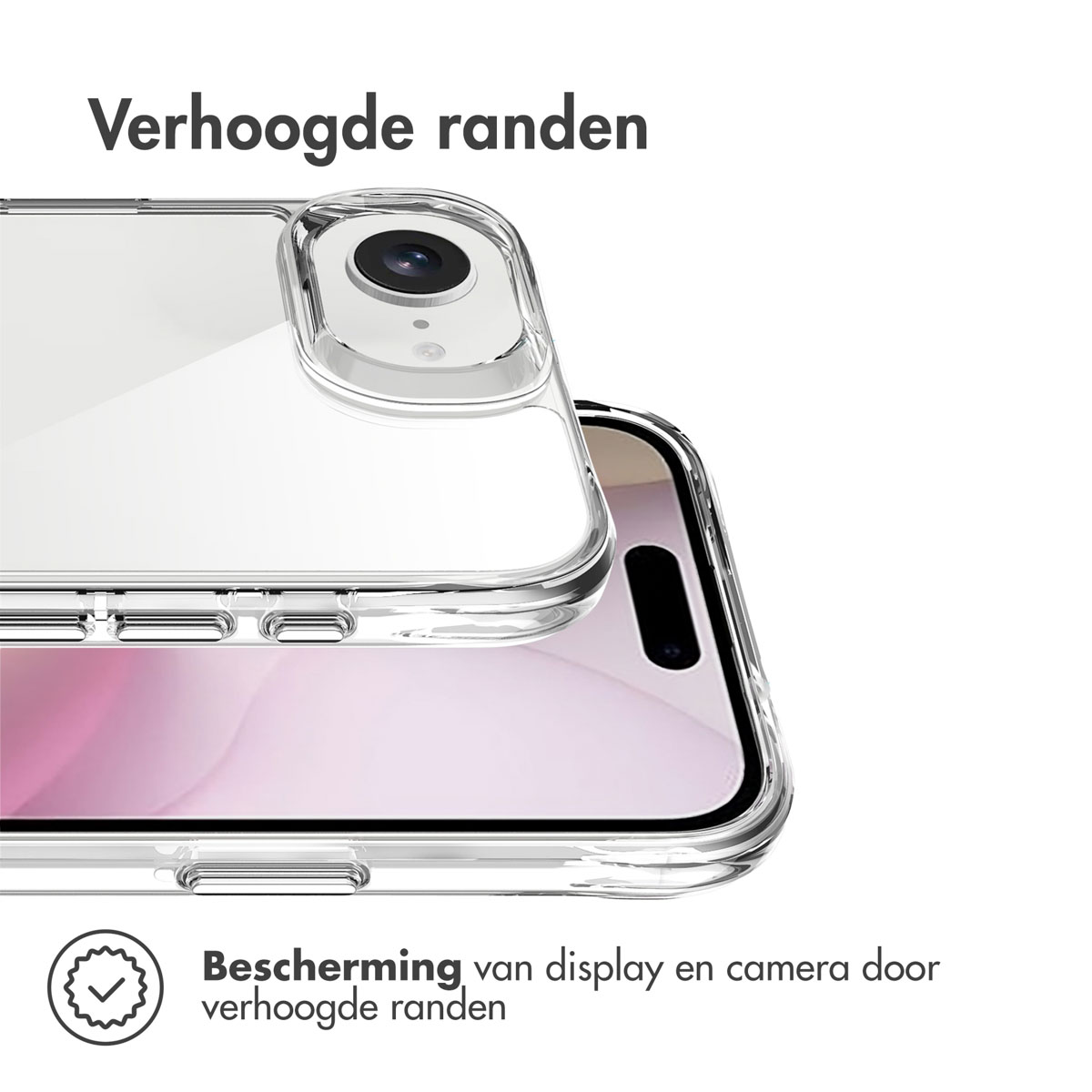 Coque de téléphone avec téléphone à l'intérieur, plastique transparent, texte 'Verhoogde randen'.