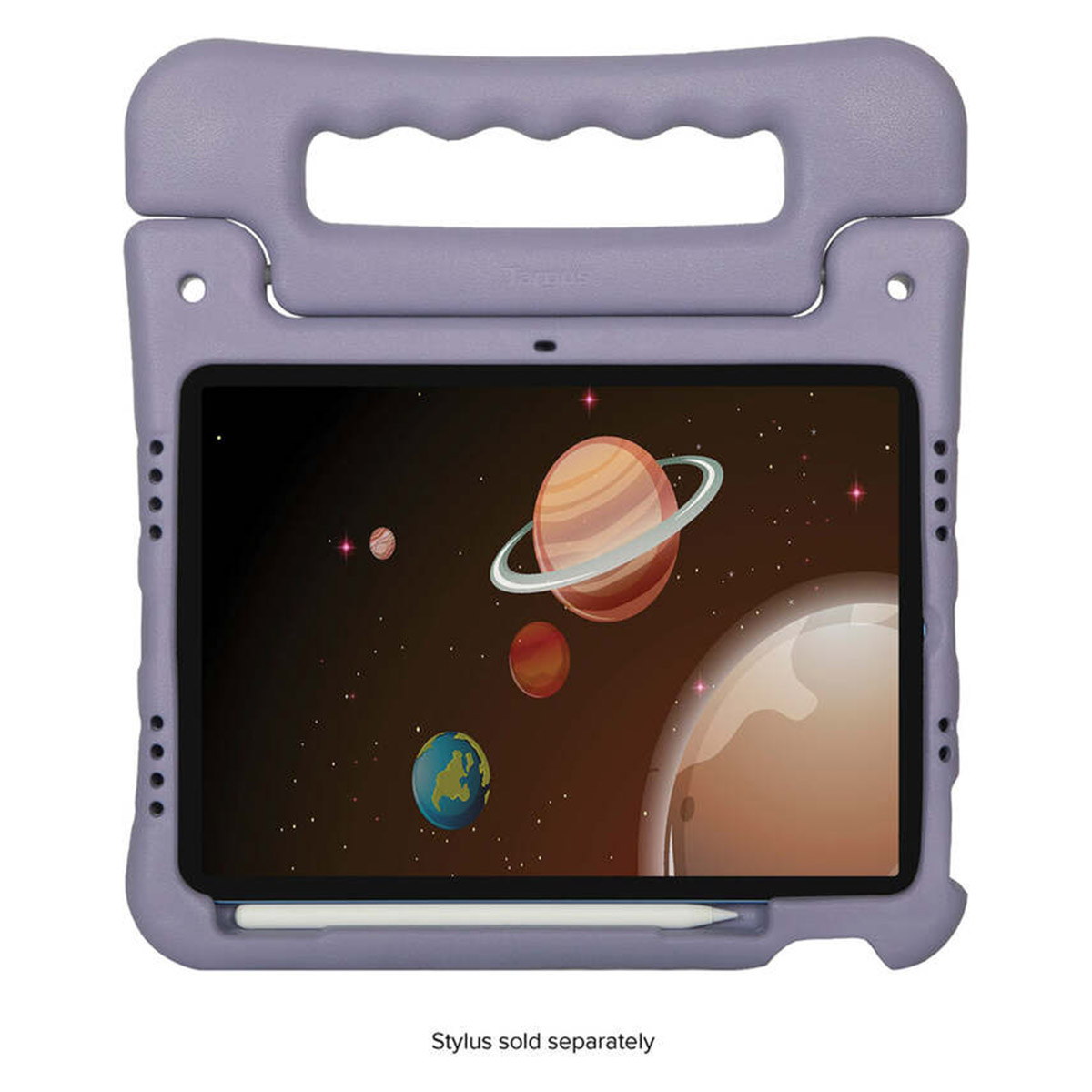 Una funda de tableta morada con una tableta que muestra planetas. Un lápiz óptico está en un soporte.