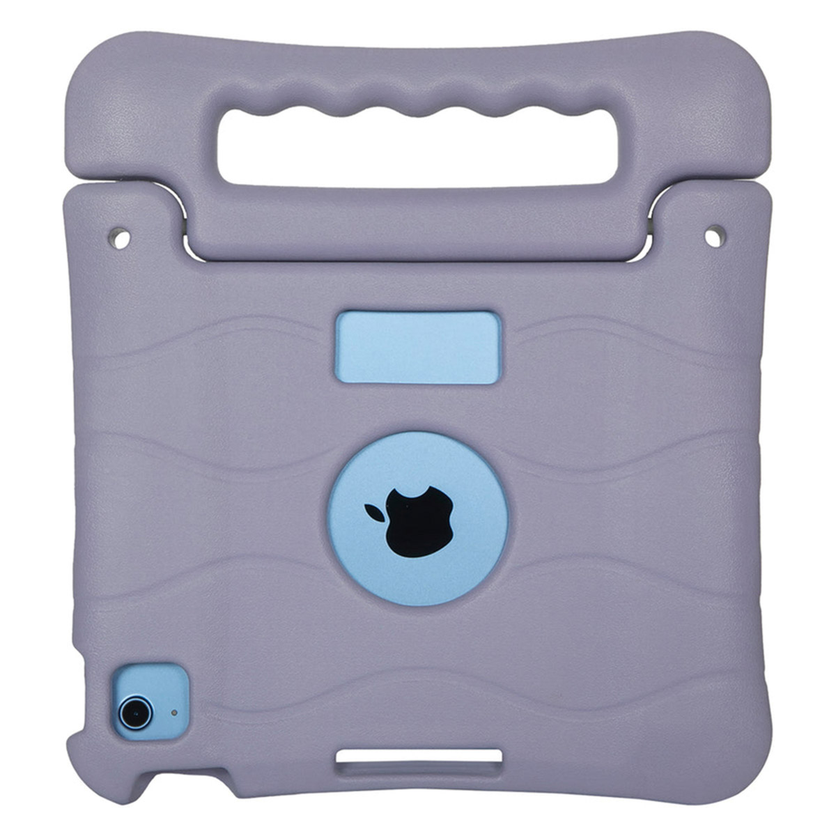 Funda de tableta gris con un acento azul y una asa en la parte superior. Se ve el recorte del logotipo de Apple.