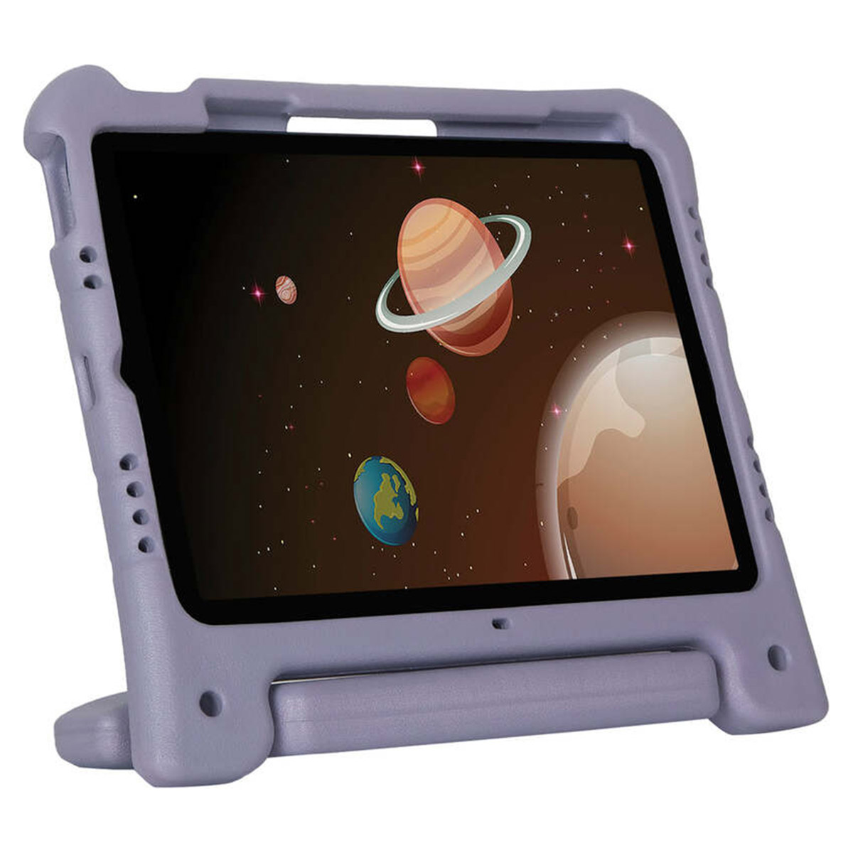 Tableta en una funda lila clara con asa. La pantalla muestra una escena espacial con planetas.
