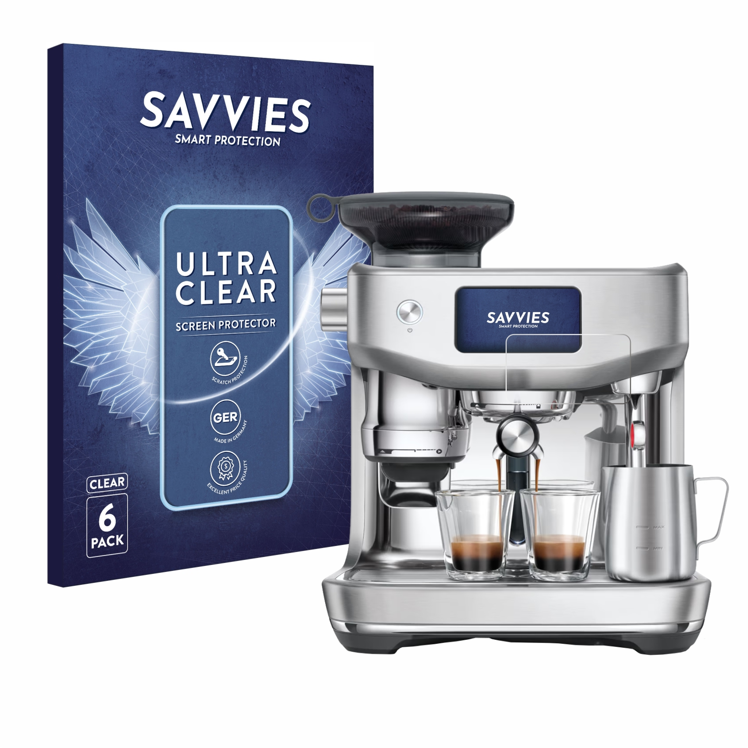 Silberne Espressomaschine mit einer Schachtel Displayschutzfolien und zwei Kaffeegläsern.