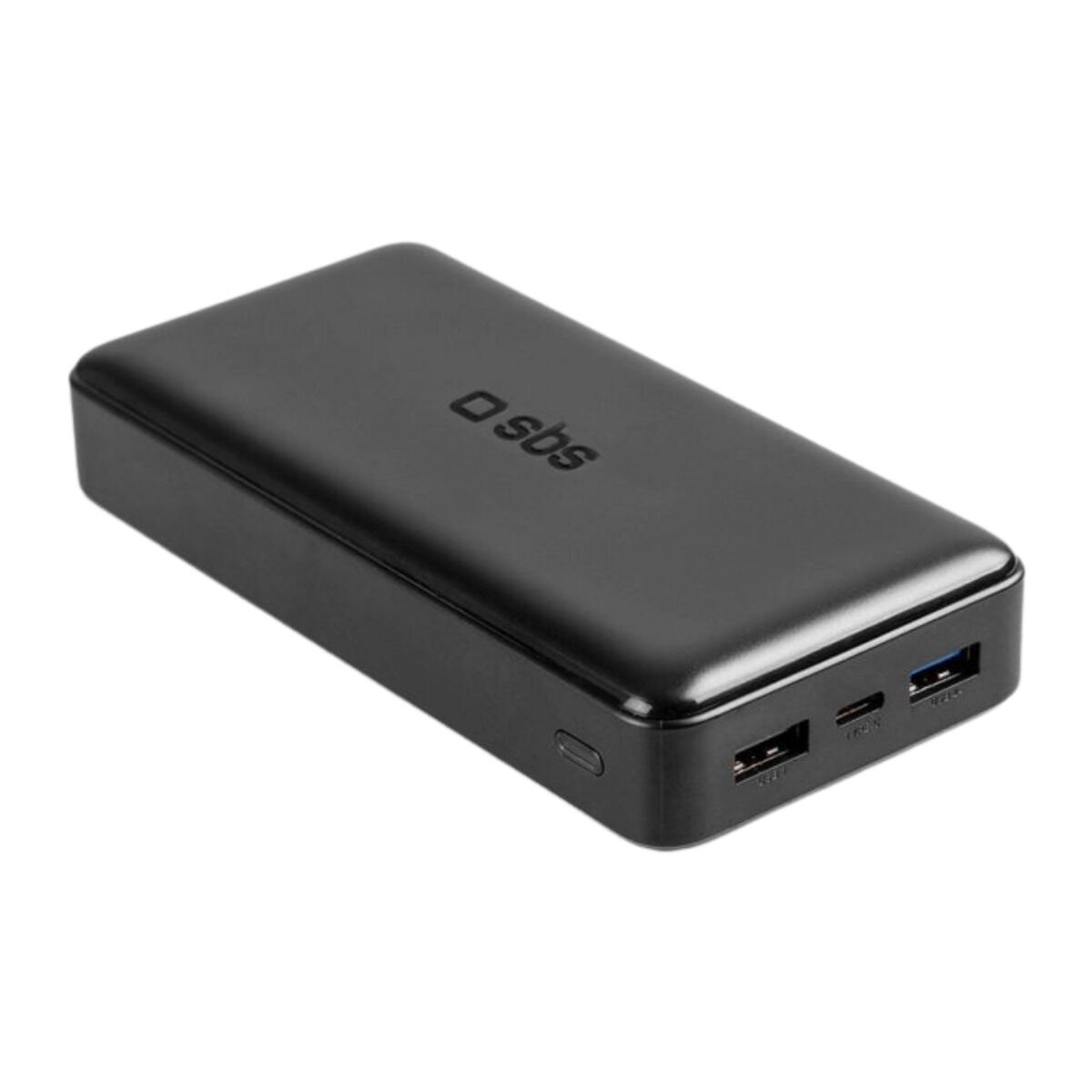 Czarny przenośny power bank z dwoma portami USB i portem USB-C, z marką 'sbs'.