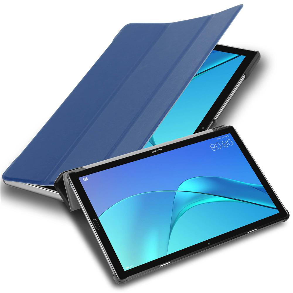 Eine blaue Tablethülle, geöffnet, um ein Tablet mit blauem Bildschirm freizugeben.