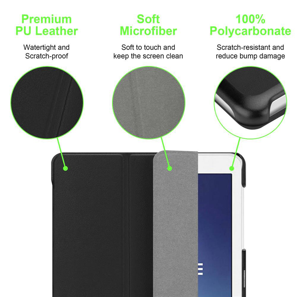 Nahaufnahme eines Tablet-Gehäuses mit Beschreibungen: PU-Leder, Mikrofaser und 100% Polycarbonat.