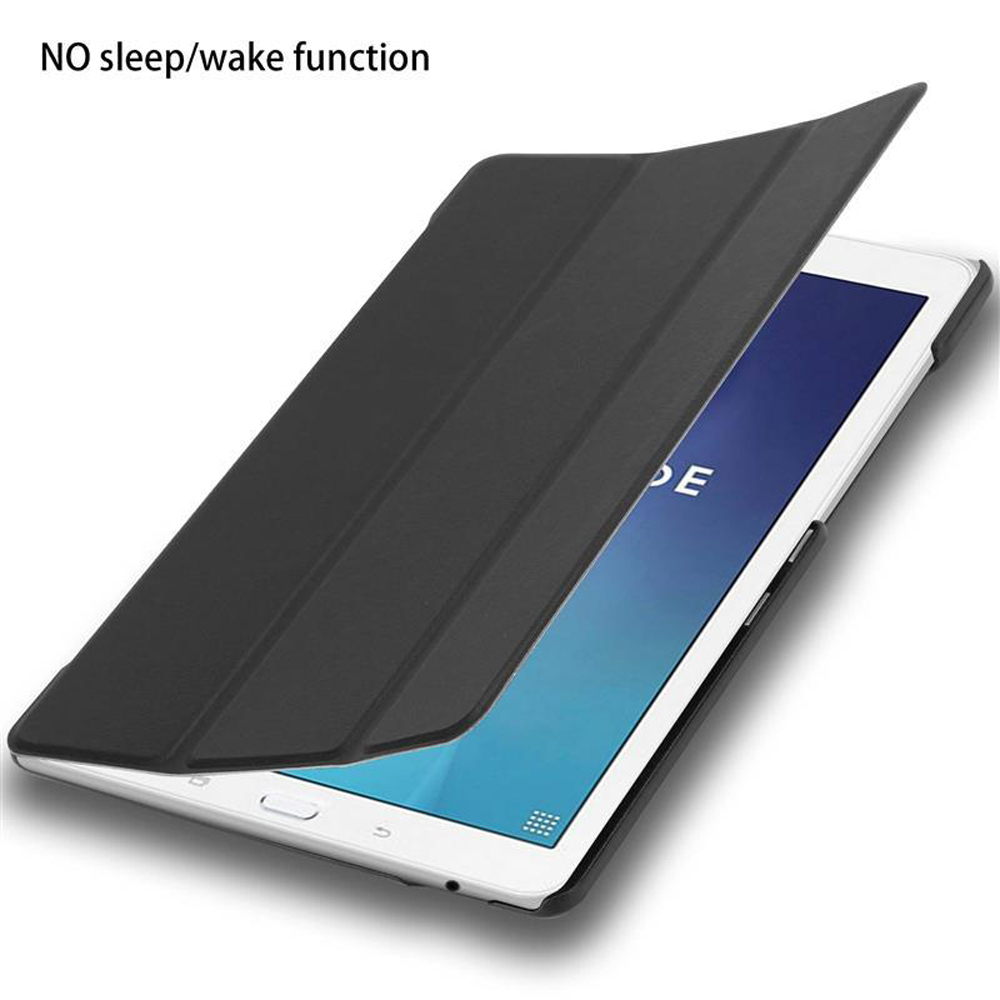 Schwarze Tablethülle, offen, über einem Tablet. Zeigt den Tablettbildschirm und das Innere der Hülle.