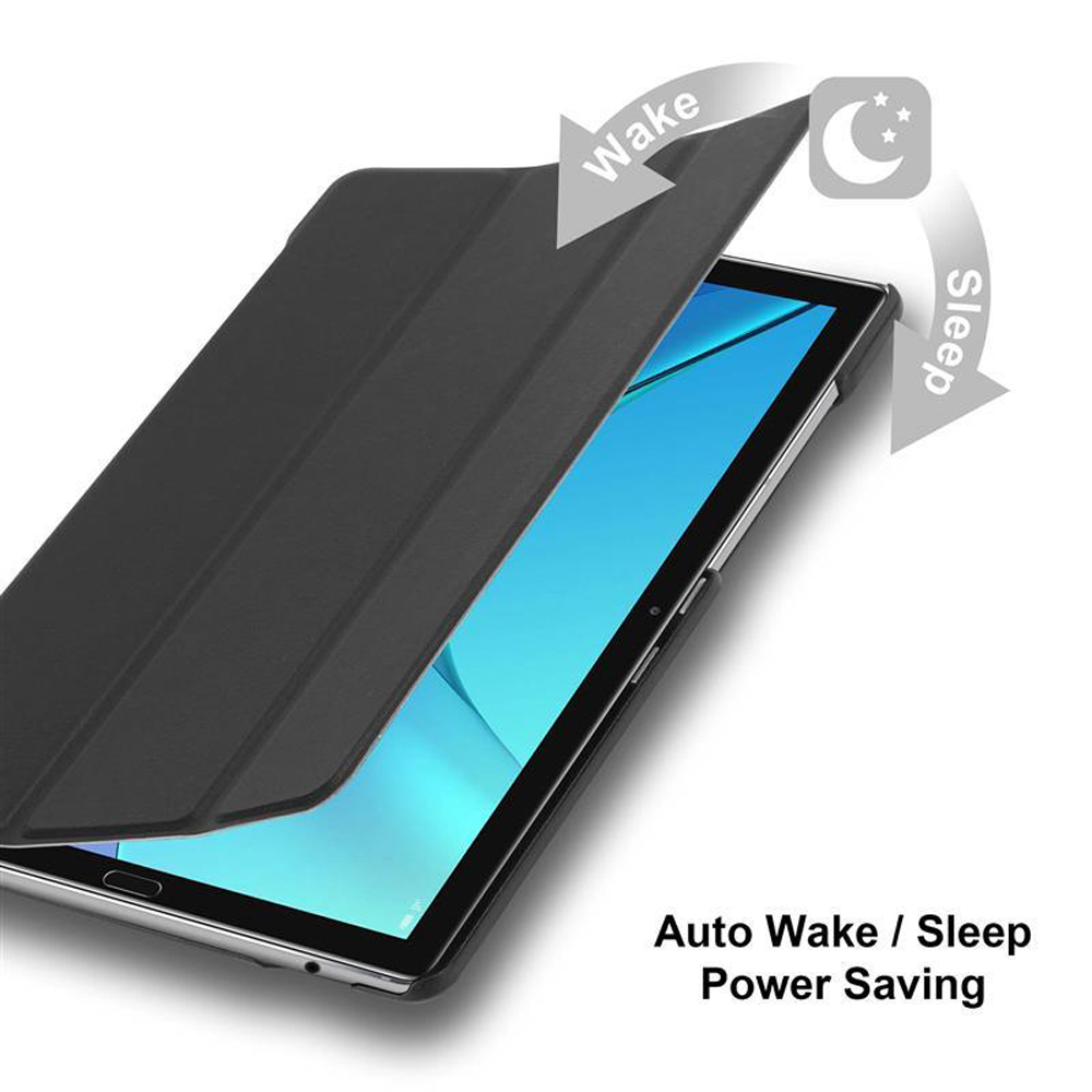 Tablet mit schwarzem Cover in geöffneter Position. Text auf dem Bild sagt Wake und Sleep mit Pfeilen.