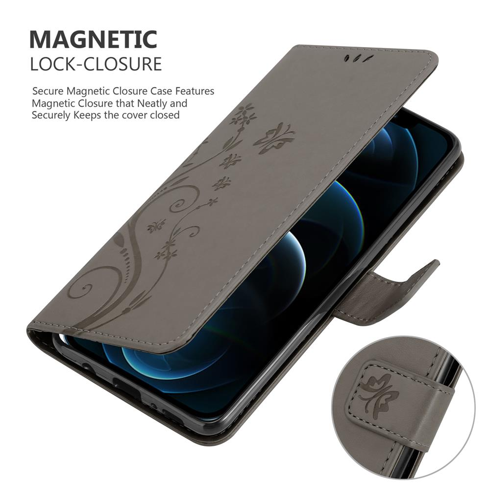 Custodia grigia con design floreale. Chiusura magnetica. Telefono visibile. Primo piano della chiusura.