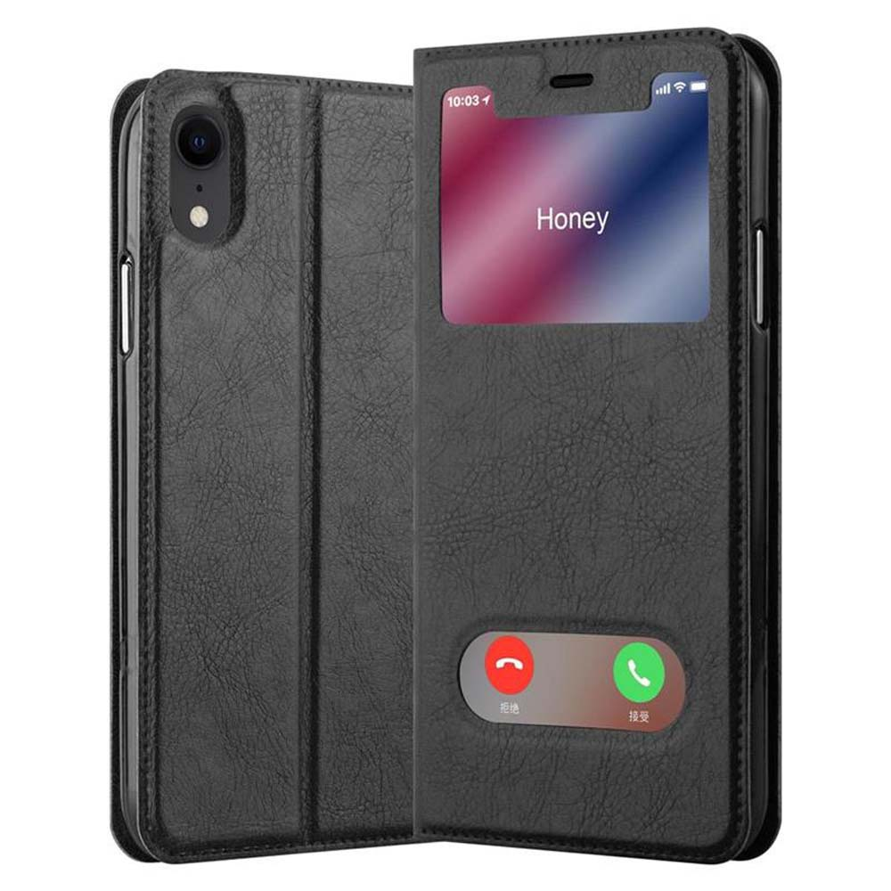 Una custodia per telefono nera con una finestra che mostra uno schermo di chiamata con la parola "Honey".