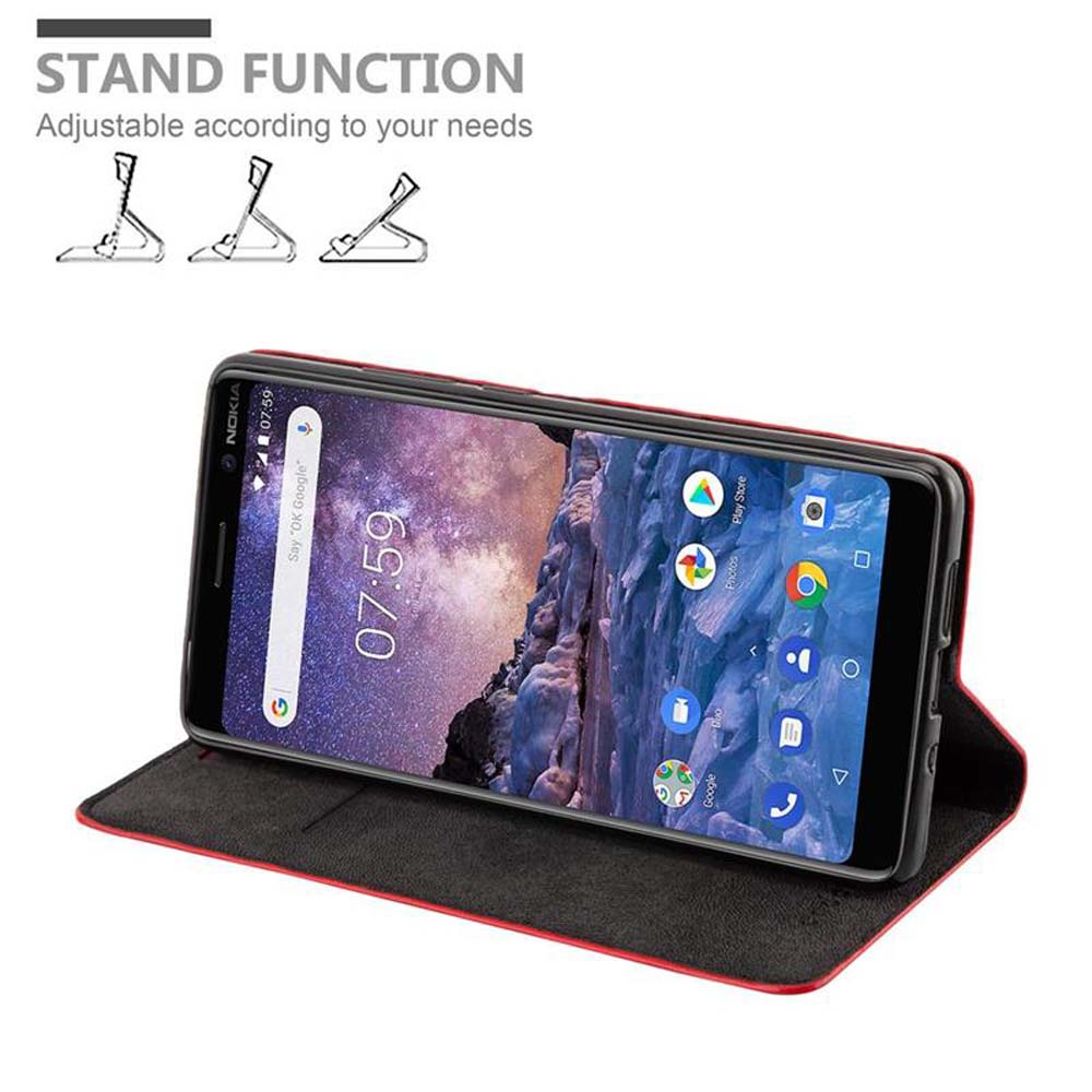 Schwarzes Telefon in einer Hülle, aufgestellt. Text und Diagramm der Standfunktion.