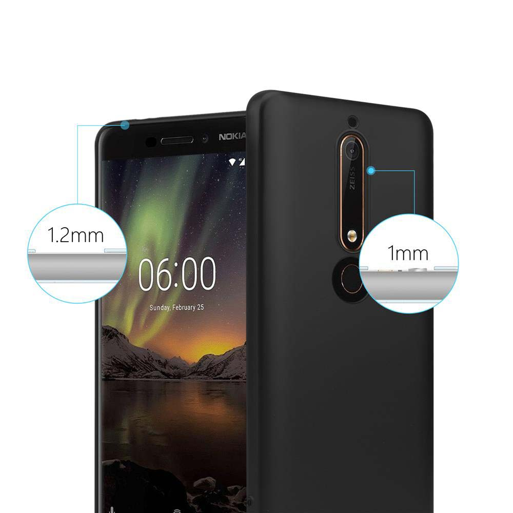 Custodia nera per telefono su un telefono Nokia. Il telefono mostra l'ora. Lo spessore della custodia è evidenziato.