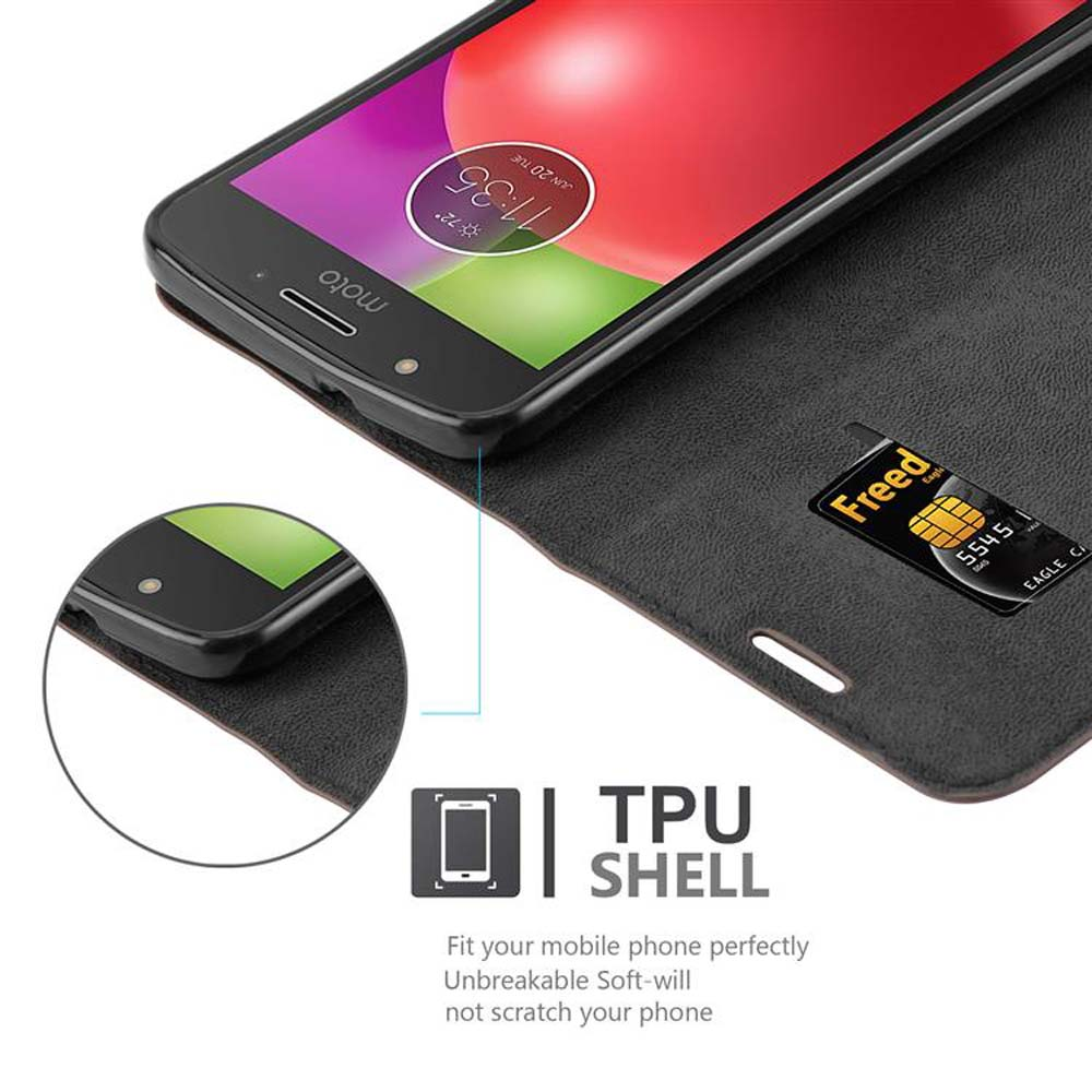 Ein Telefon in einer schwarzen Brieftasche, mit sichtbarer Karte. Das Telefon ist ein Motorola-Modell.
