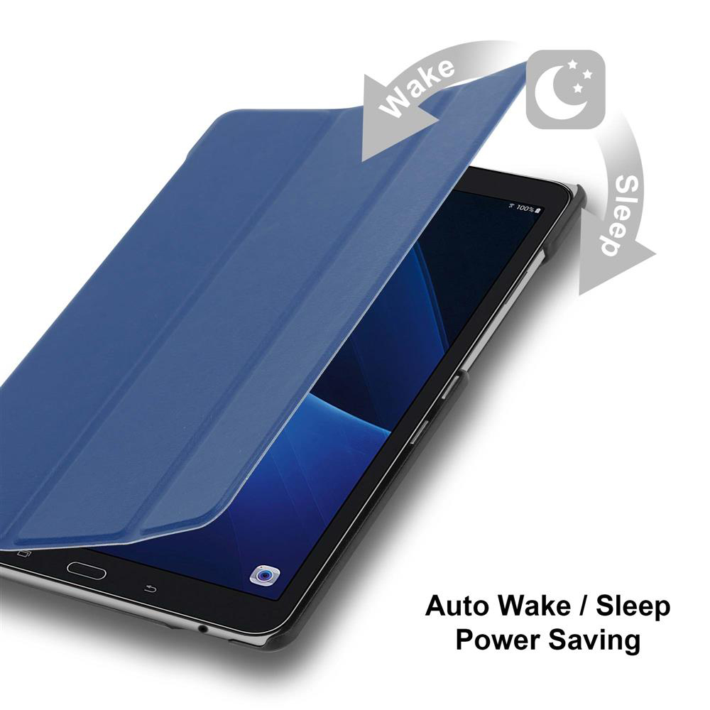 Ein Tablet mit einer blauen Hülle, teilweise geöffnet, mit den Worten 'Wake' und 'Sleep' mit Pfeilen.