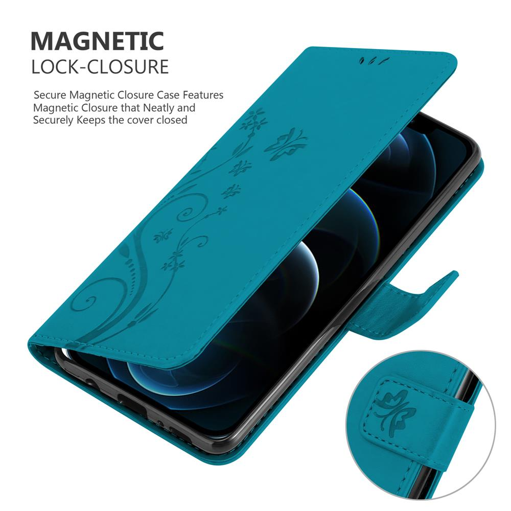 Custodia per telefono verde acqua aperta, che mostra un telefono all'interno. La custodia ha motivi floreali e chiusura magnetica.