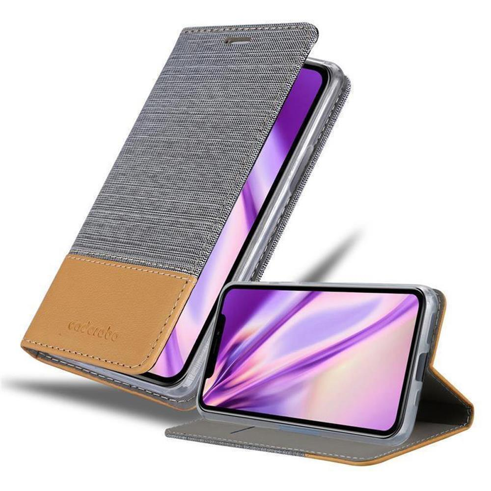 Un telefono in una custodia grigio e marrone, la custodia è aperta. Lo schermo del telefono mostra un disegno viola e bianco.
