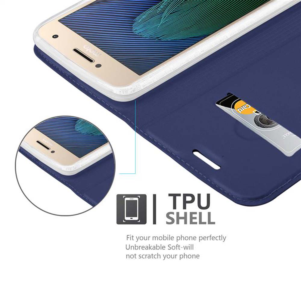 Teléfono en funda azul, con tarjeta de crédito en ranura. Texto: TPU SHELL. Ajuste perfecto.