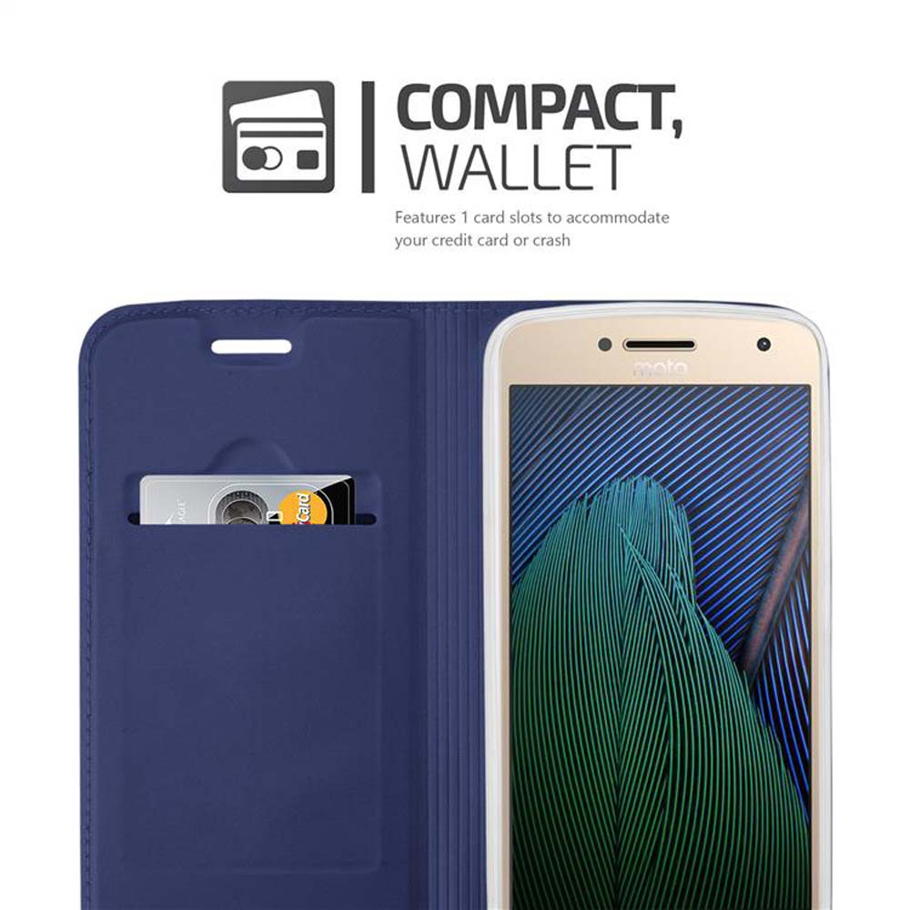 Funda de teléfono azul con ranura para tarjetas, un teléfono dentro. Diseño de cartera compacta.