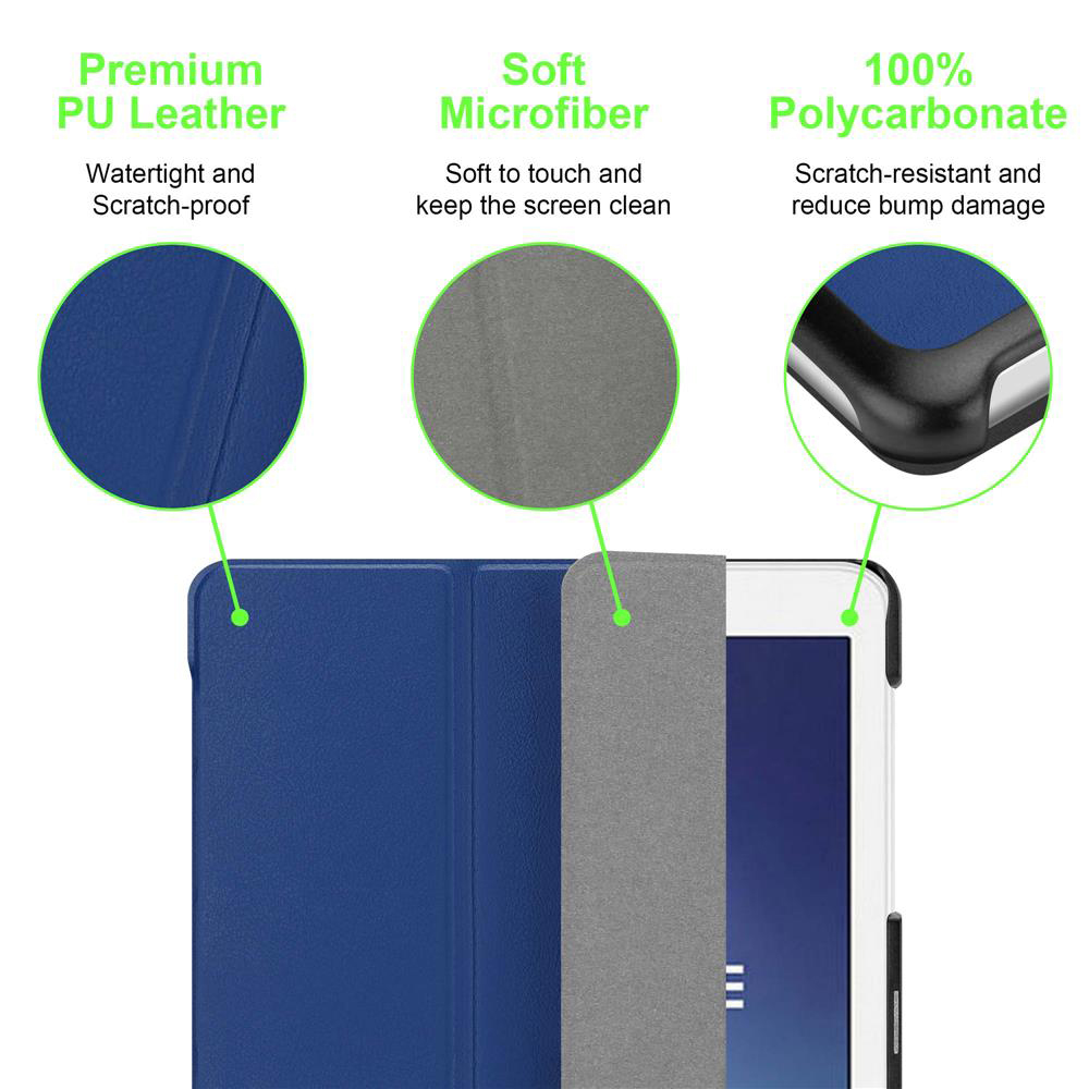 Eine blaue Handyhülle mit Text, der die Materialien beschreibt: PU-Leder, Mikrofaser und Polycarbonat.