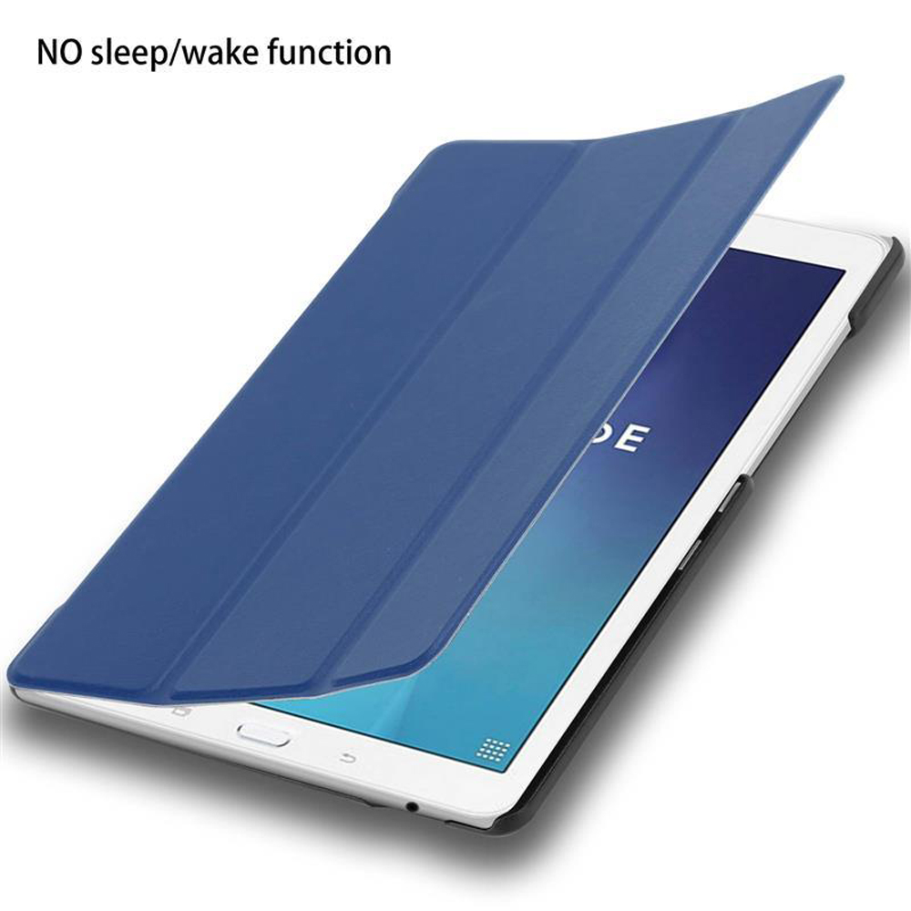 Blaue Tablet-Hülle, offen, zeigt ein Tablet mit dem 'E'-Logo.
