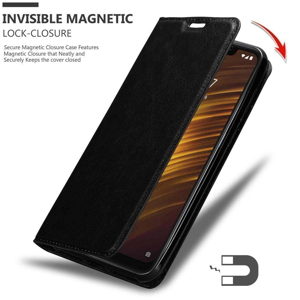 Custodia per telefono nera aperta, che rivela un telefono. Un simbolo del magnete indica la chiusura magnetica.