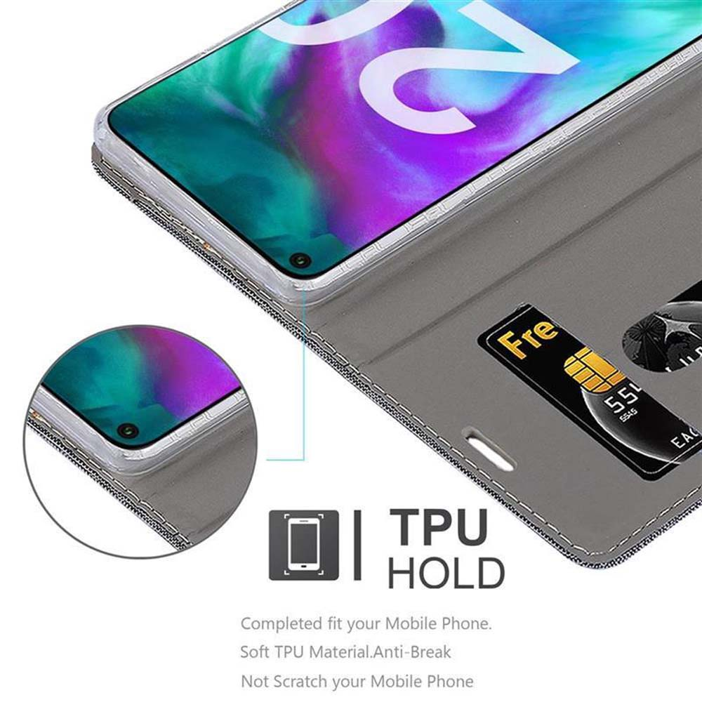 Telefon in grauem Wallet-Case mit Karte, das Case ist offen und zeigt die Innenseite. TPU HOLD sichtbar.