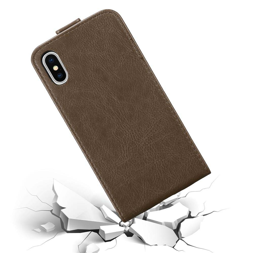 Custodia marrone per telefono con sfondo bianco crepato. La custodia è angolata e sembra cadere.