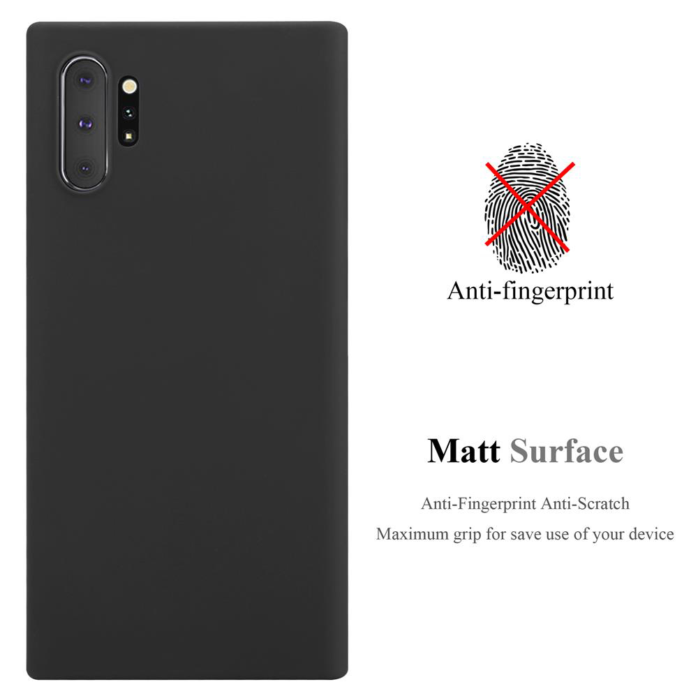 Un telefono nero con una superficie opaca. L'immagine include una grafica anti-impronte digitali e testo.