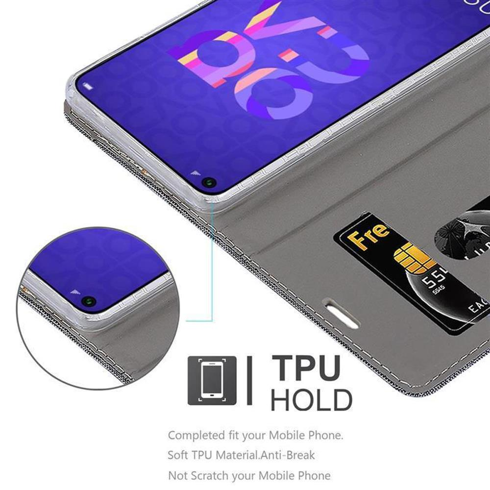 Un telefono in una custodia grigia, aperto per rivelare uno slot per schede e una carta di credito. Lo schermo è visibile.