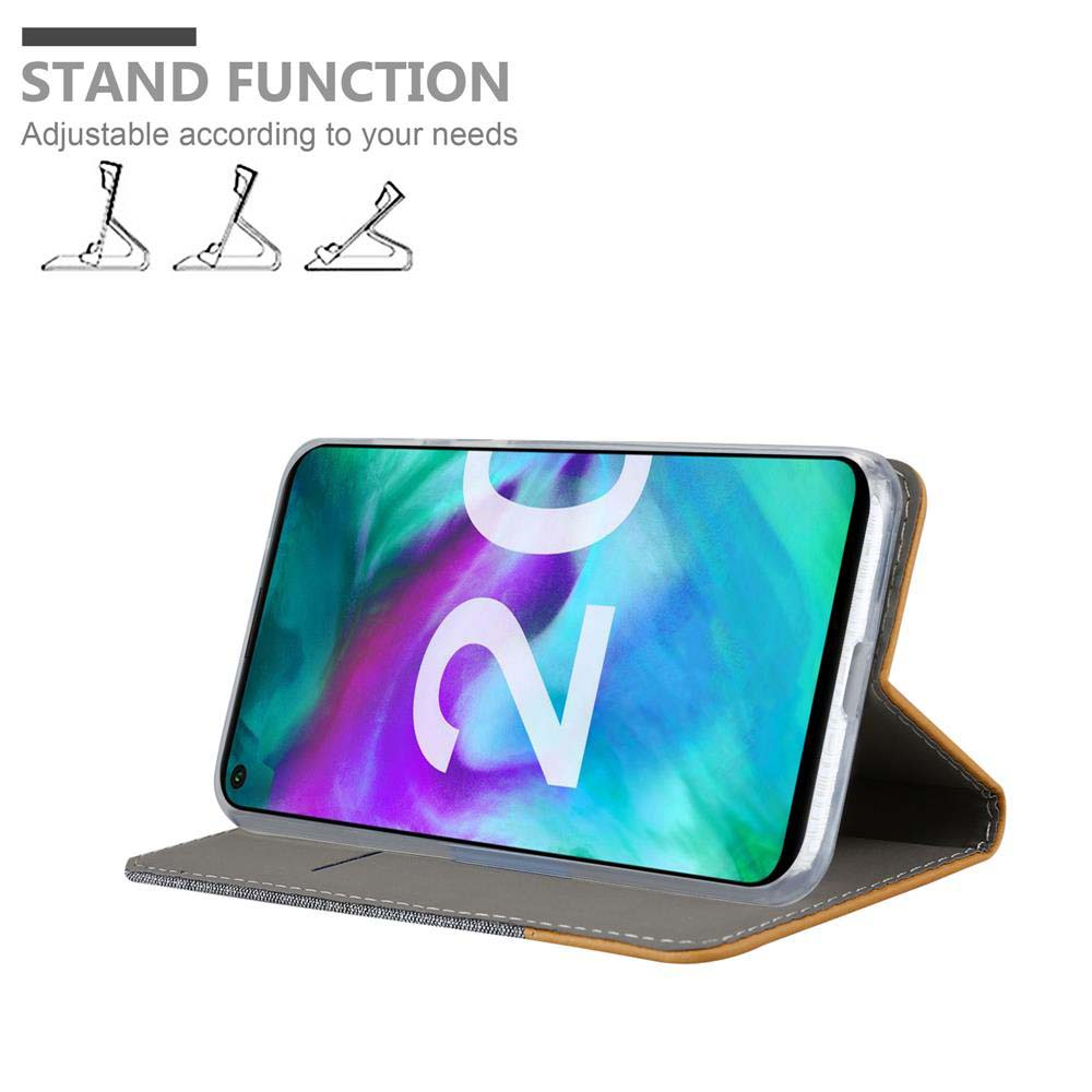 Ein Telefon in einer Hülle, das aufrecht steht, mit Text über die Standfunktion und das einstellbare Design.