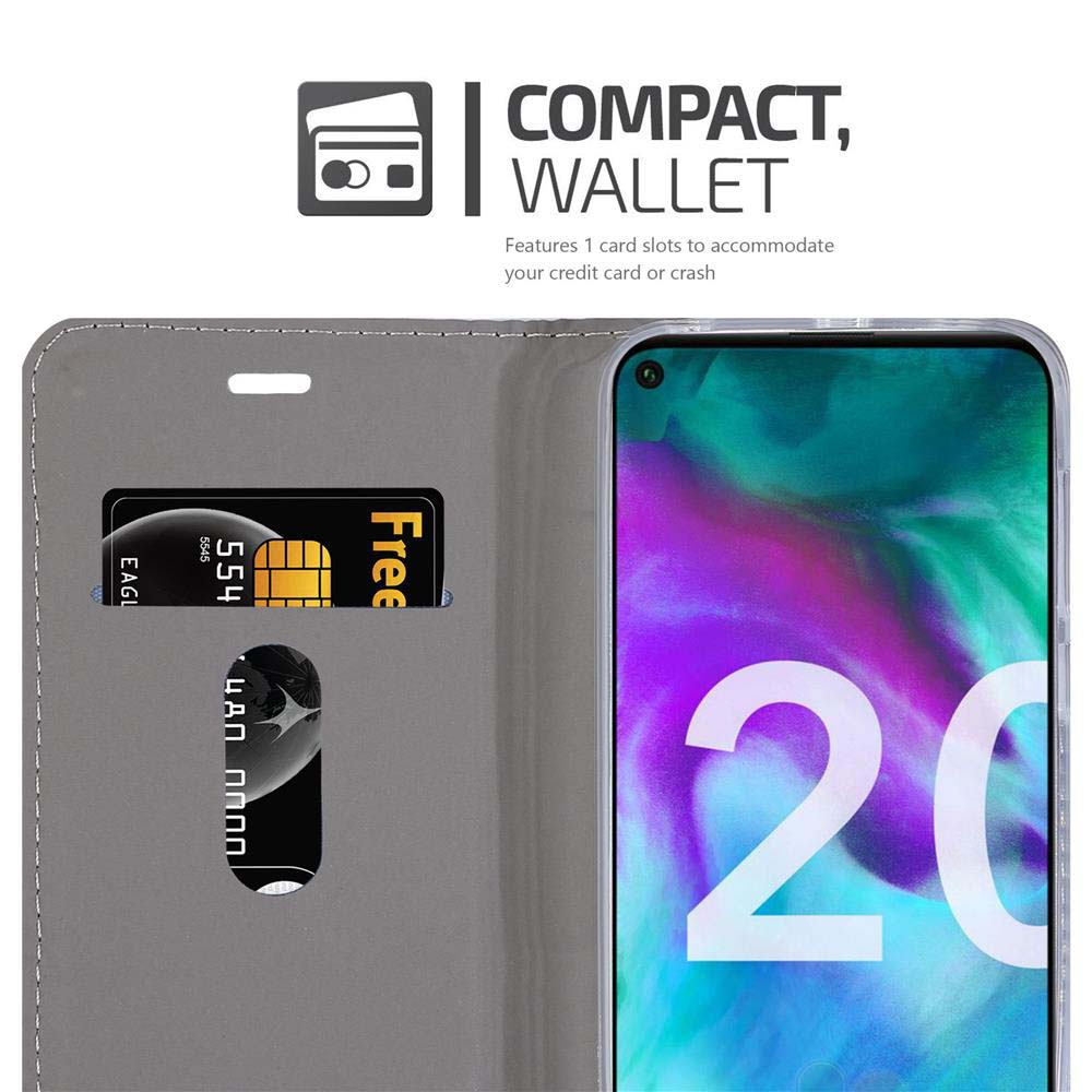Wallet-Etui mit Telefon und Kreditkarte. Text: Kompakte Brieftasche.