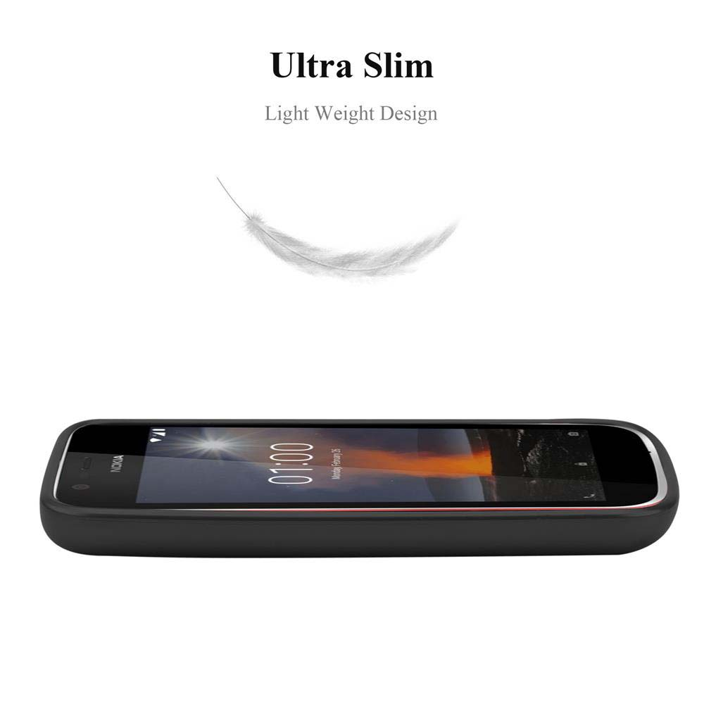 Ein schwarzes Telefon liegt auf weißem Hintergrund. Text: Ultra Slim, Light Weight Design und eine Feder.