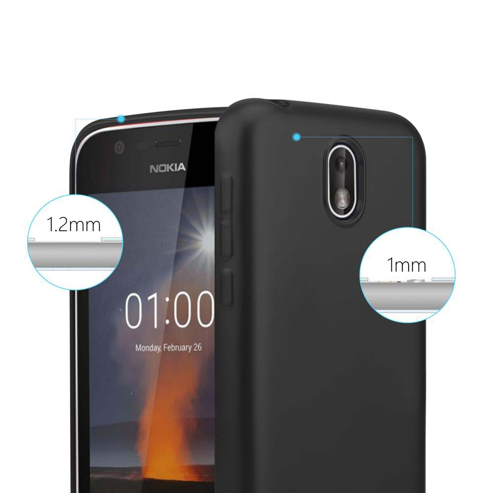 Nokia-Telefon mit schwarzem Gehäuse. Display zeigt Uhrzeit. Gehäuse liegt am Telefon an. 1,2 mm und 1 mm Dicke.