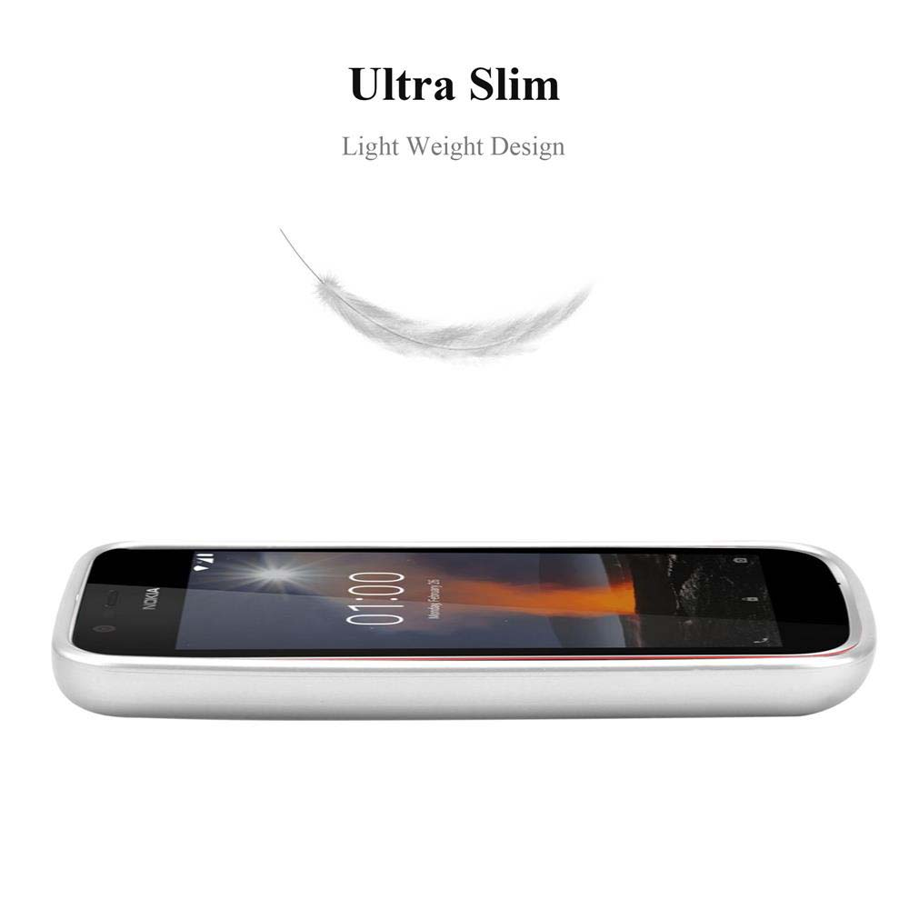 Un telefono argento sottile su sfondo bianco con una piuma che fluttua sopra.