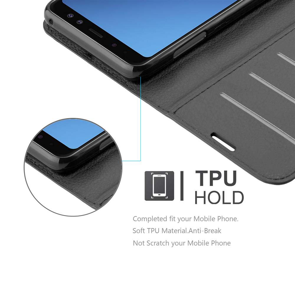 Telefono nero in custodia in pelle nera con logo TPU HOLD. La custodia protegge il telefono.