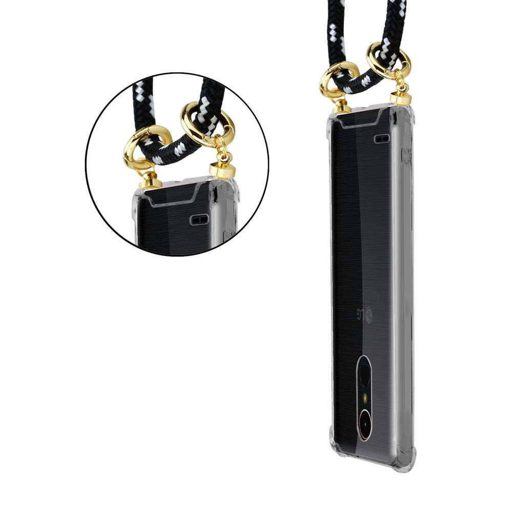 Handyhülle mit Lanyard, ein Telefon ist befestigt. Das Lanyard ist schwarz und gold.