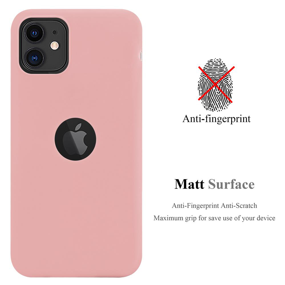Custodia per telefono rosa con logo Apple nero. Testo: Anti-impronte, superficie opaca.