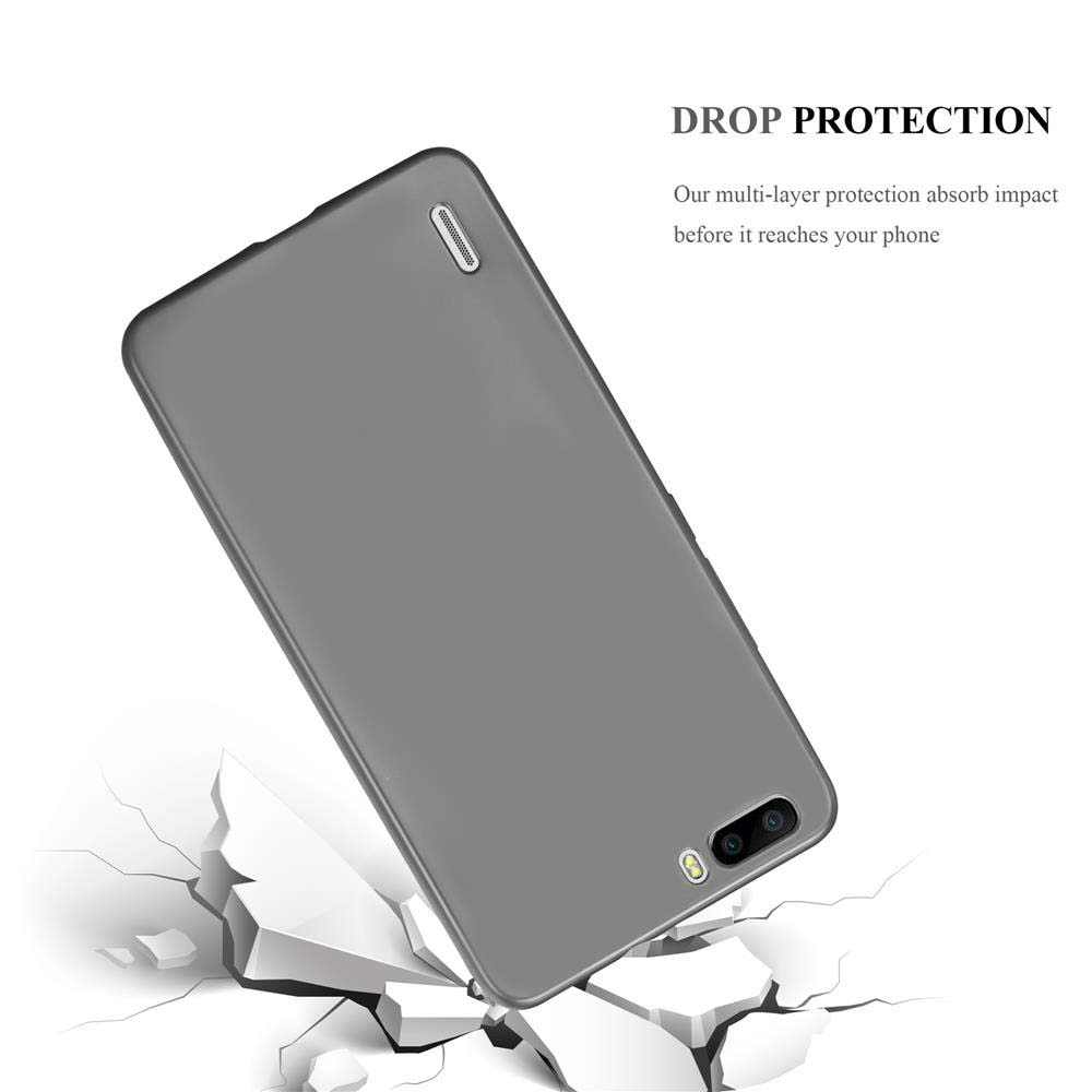 Graue Handyhülle mit Rissen am Boden. Text: 'Drop Protection'.