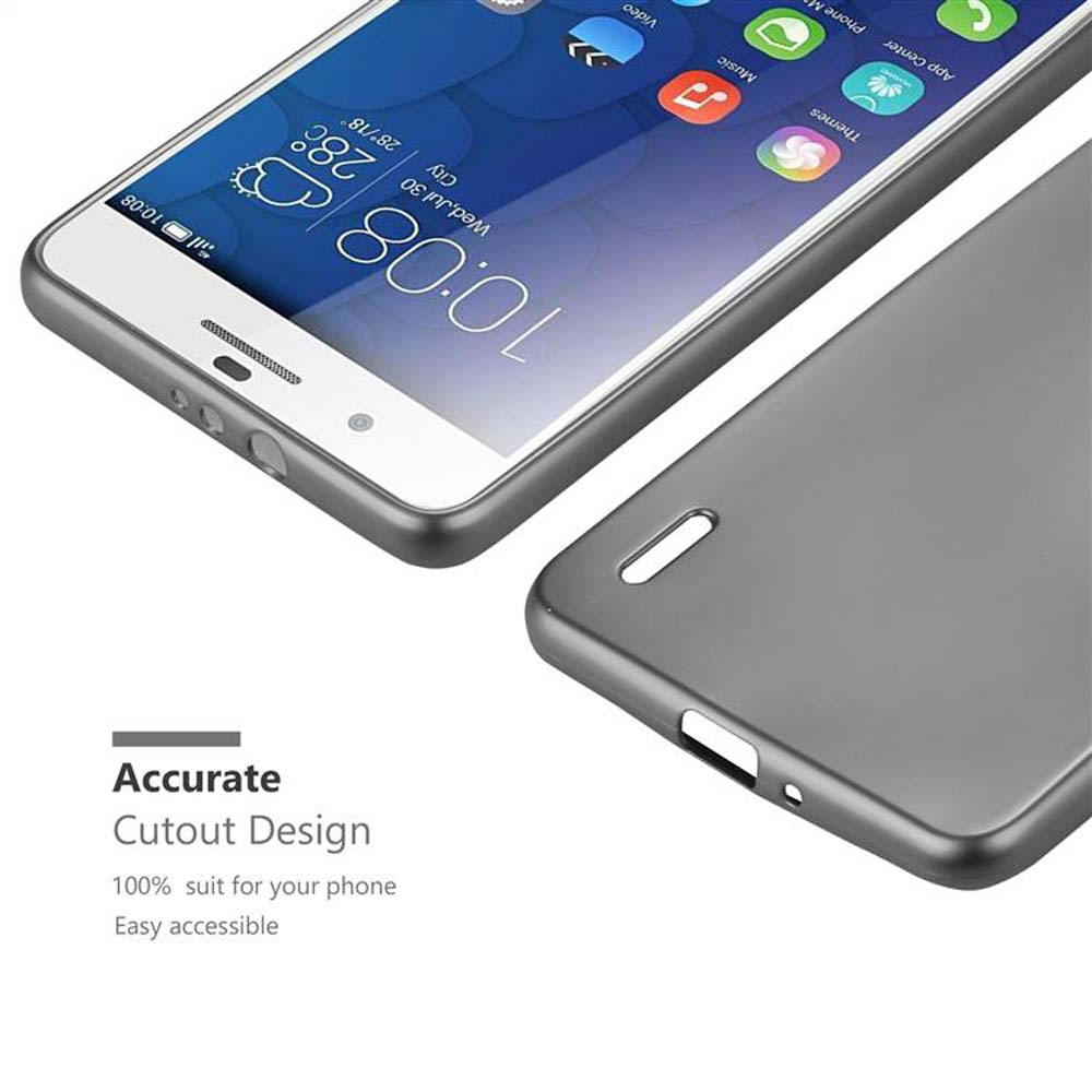 Ein graues Telefon mit Hülle. Das Telefon zeigt Zeit und Wetter an. Text lautet "Accurate Cutout Design".