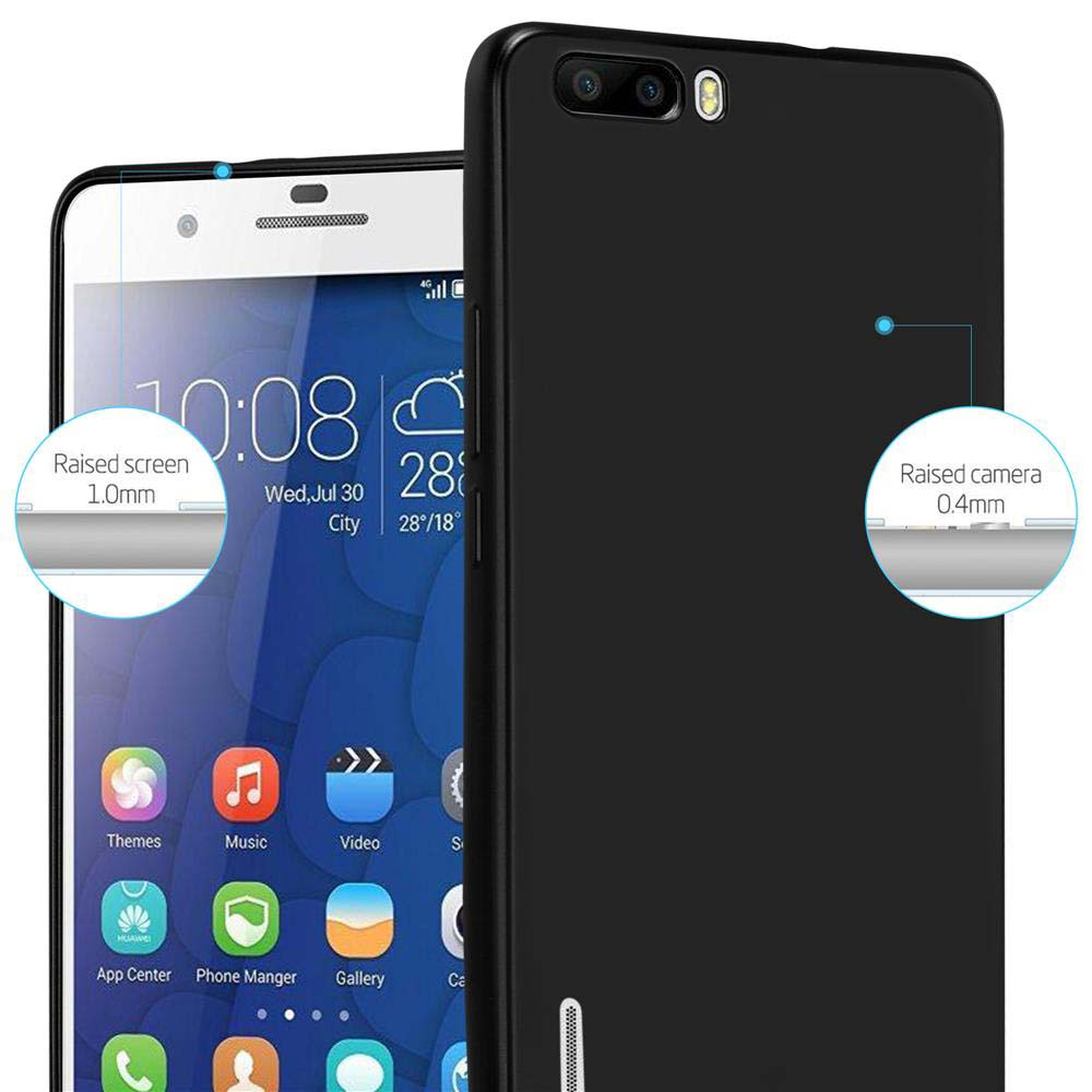 Telefono e custodia neri con annotazioni, che mostrano i dettagli dello schermo e della fotocamera.