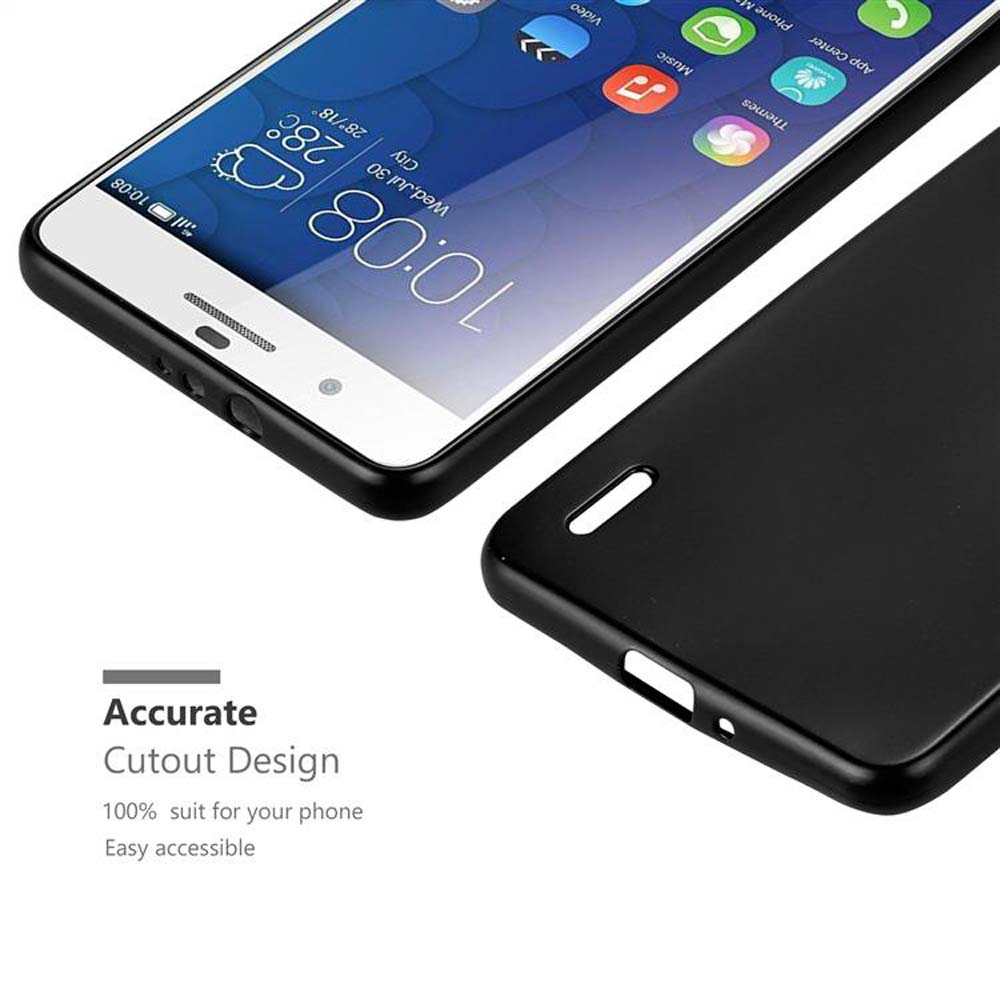 Un telefono e una custodia neri. Lo schermo del telefono è acceso. Testo Design di ritaglio accurato a sinistra.