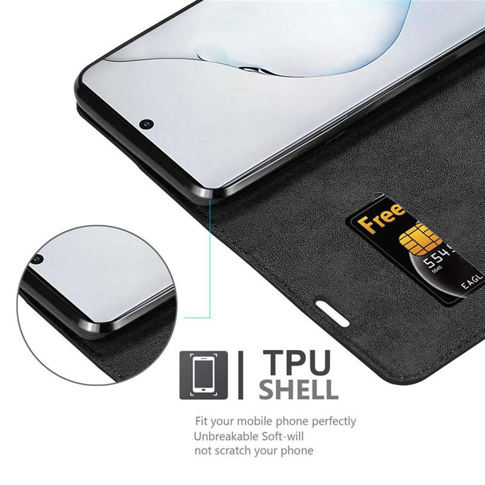 Ein Telefon in einer schwarzen Brieftaschen-Hülle, mit Karte und Bildschirm.